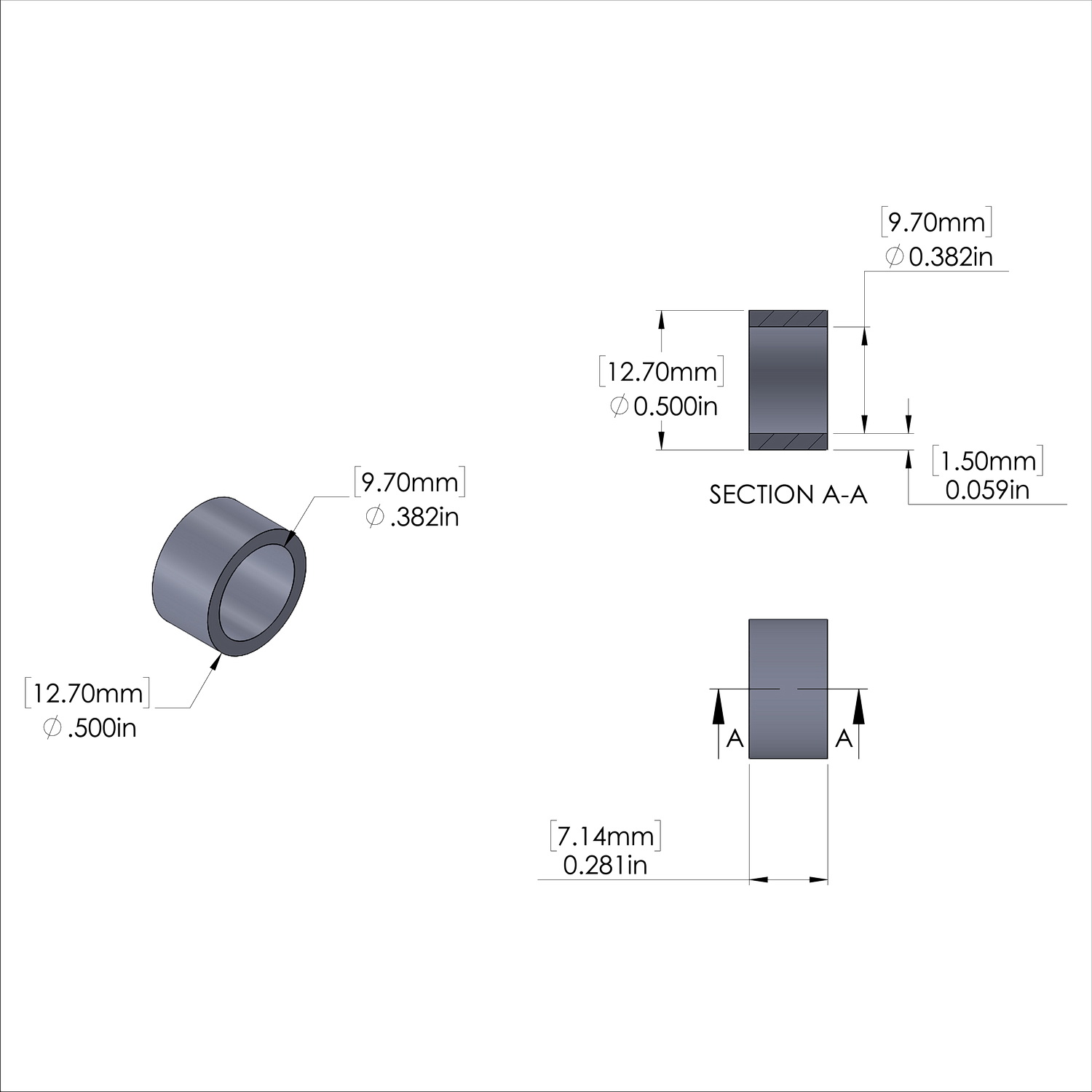 Aluminum Spacer 1/2'' OD x .382'' ID x 9/32'' Long