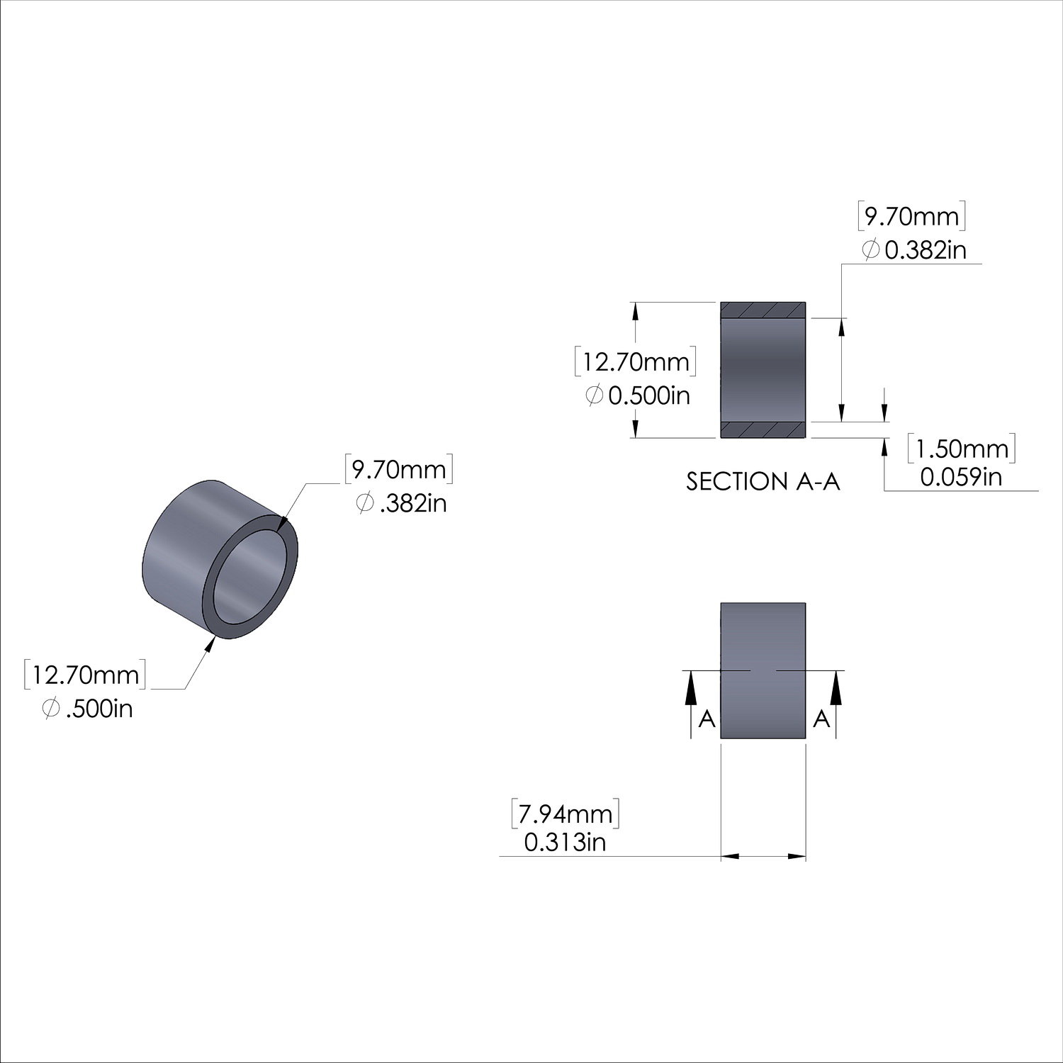Aluminum Spacer 1/2'' OD x .382'' ID x 5/16'' Long - Black Anodized