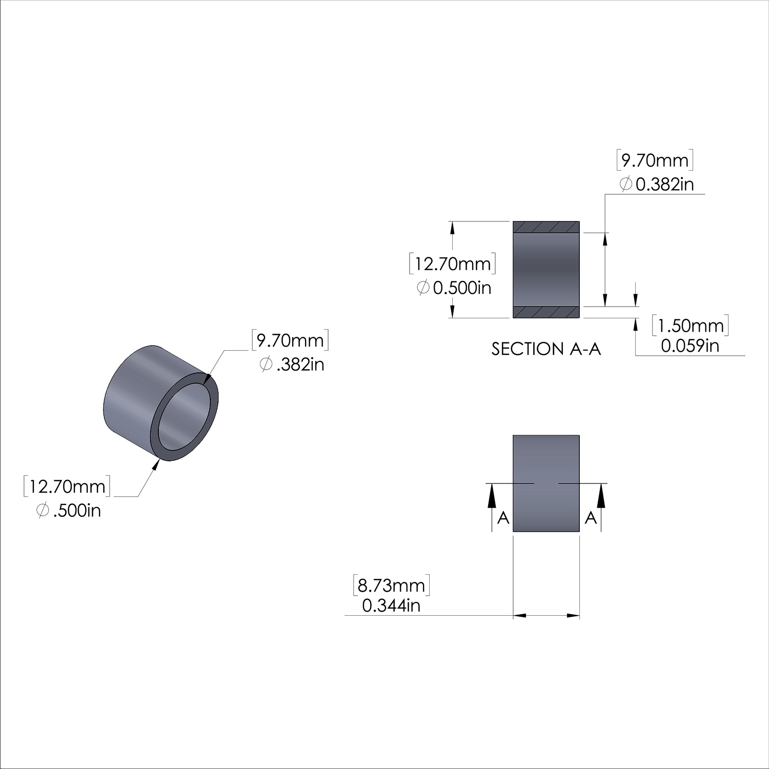 Aluminum Spacer 1/2'' OD x .382'' ID x 11/32'' Long