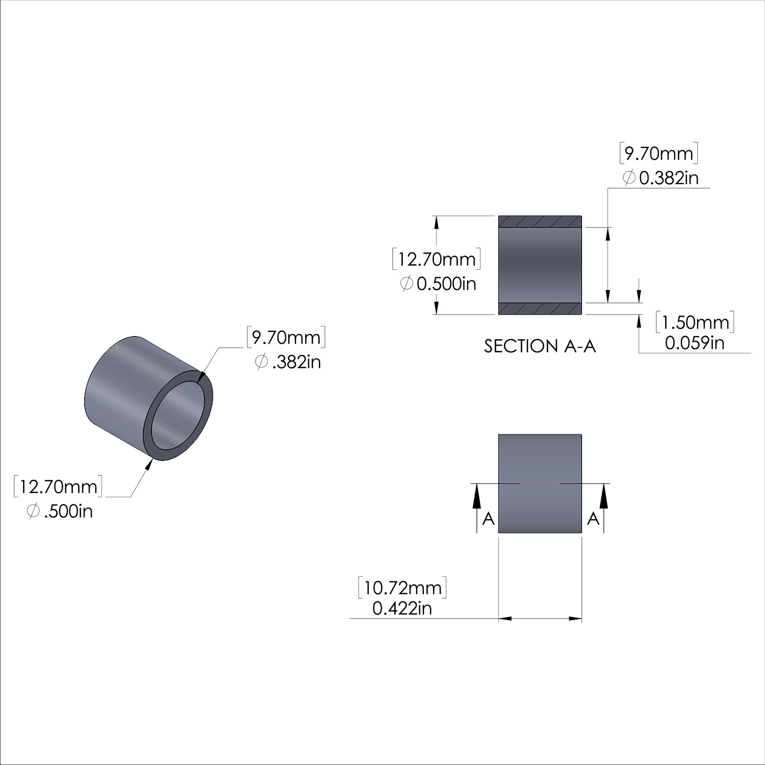Aluminum Spacer 1/2'' OD x .382'' ID x 27/64'' Long, Plain Aluminum Finish