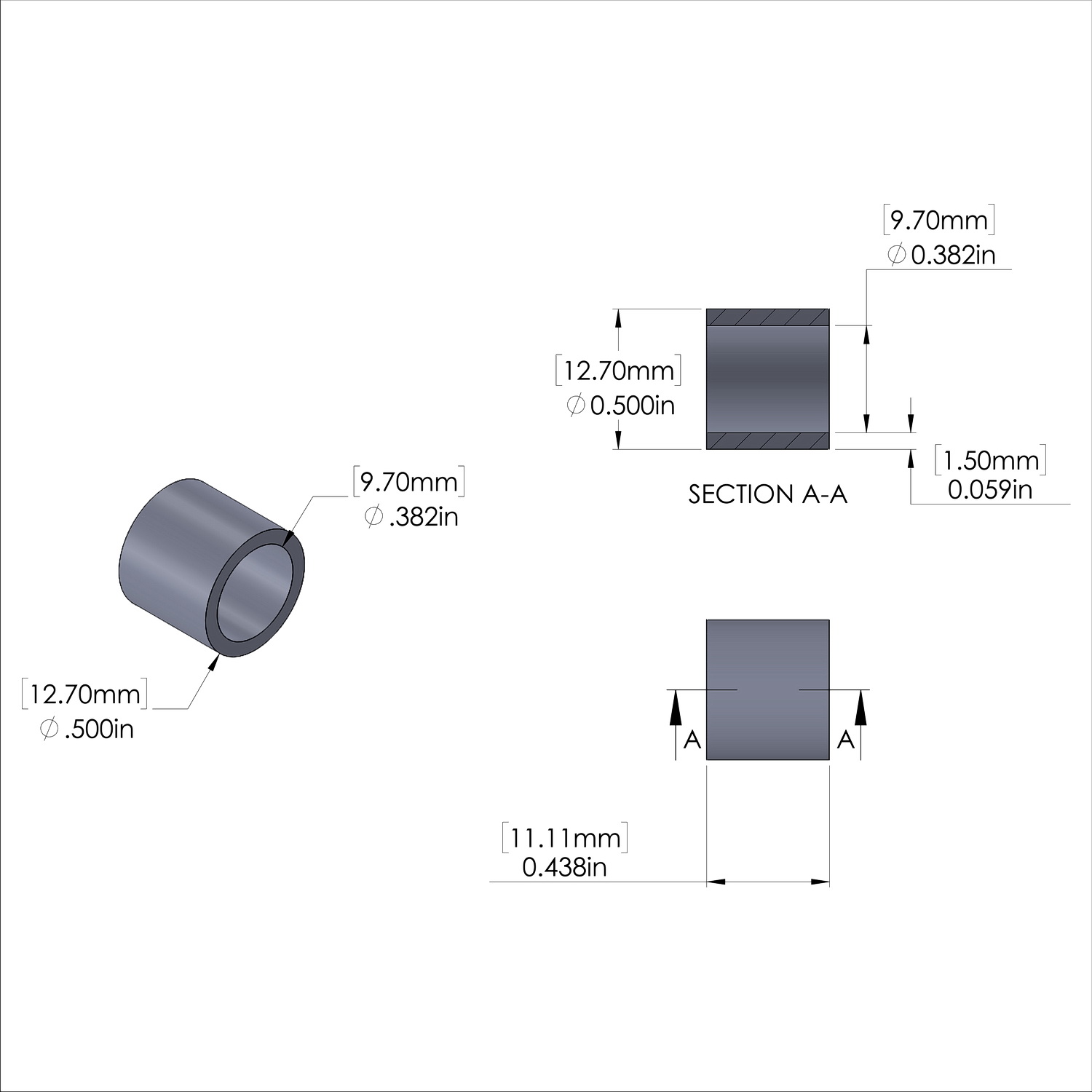 Aluminum Spacer 1/2'' OD x .382'' ID x 7/16'' Long - Black Anodized