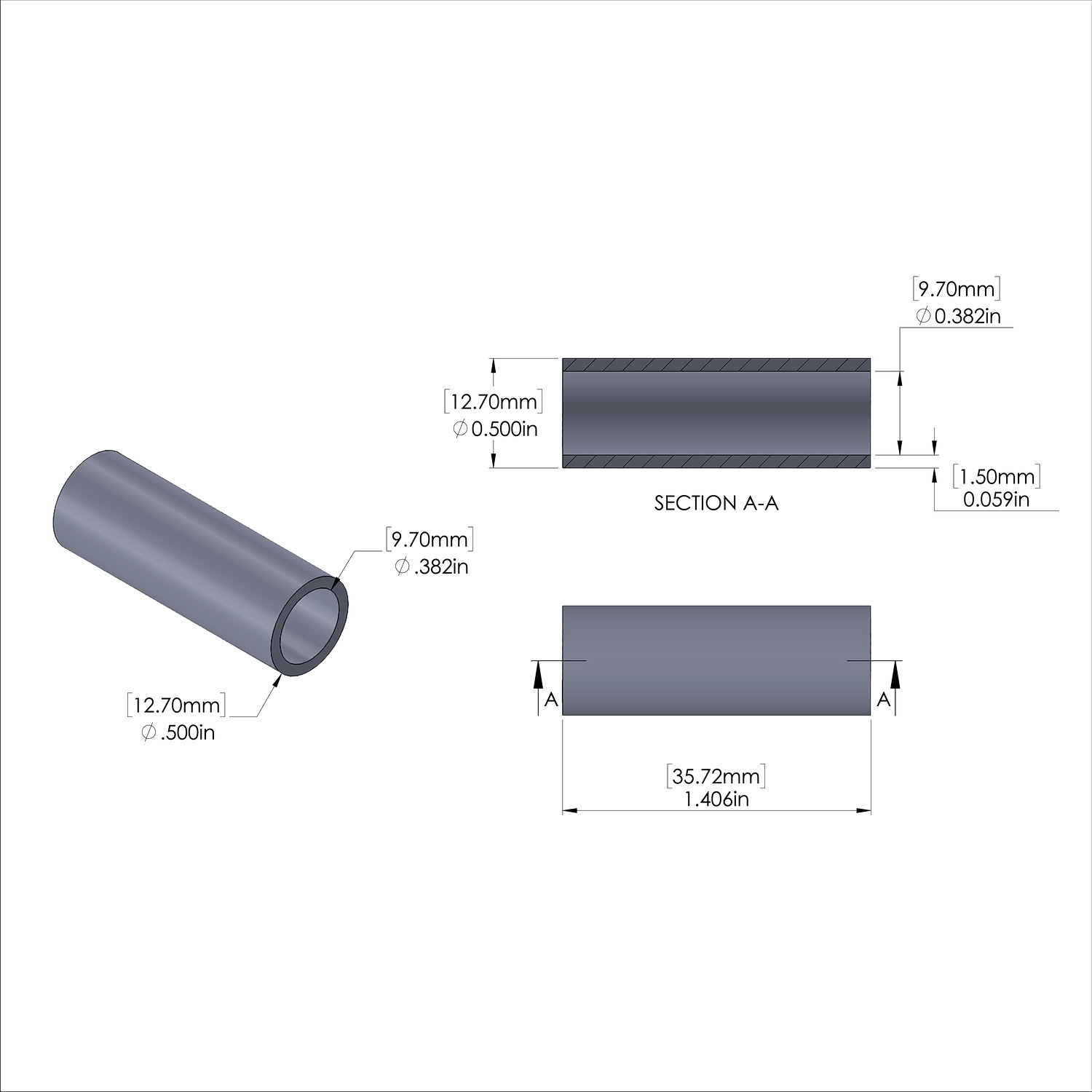 Aluminum Spacer 1/2'' OD x .382'' ID x 1-13/32'' Long, Plain Aluminum Finish