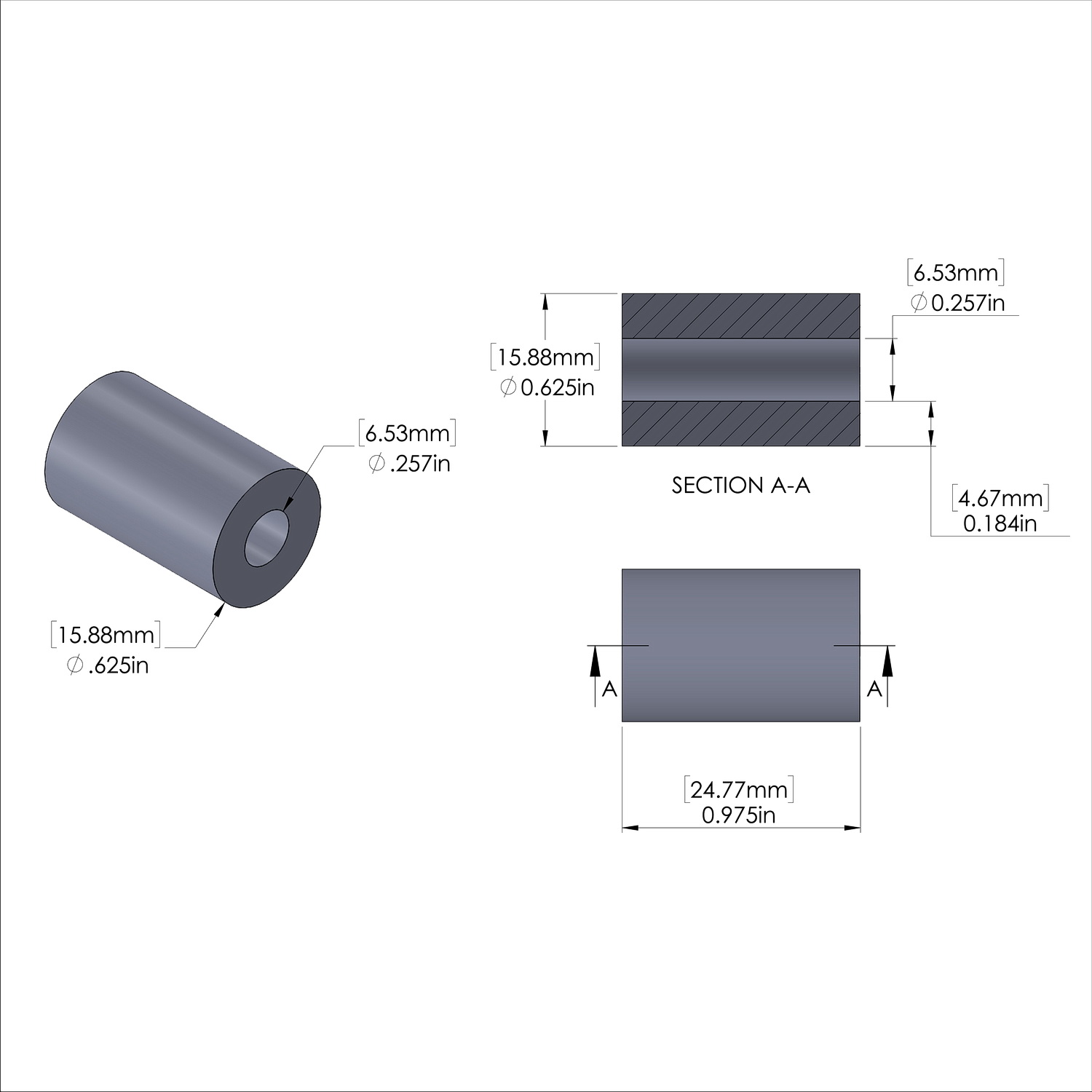 Aluminum Spacer 5/8'' OD x .257'' ID x .975'' Long, Plain Aluminum Finish