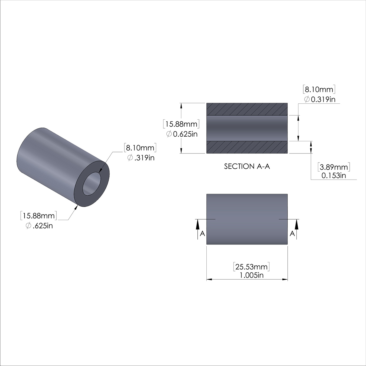 Aluminum Spacer 5/8'' OD x .319'' ID x 1.005'' Long, Plain Aluminum Finish