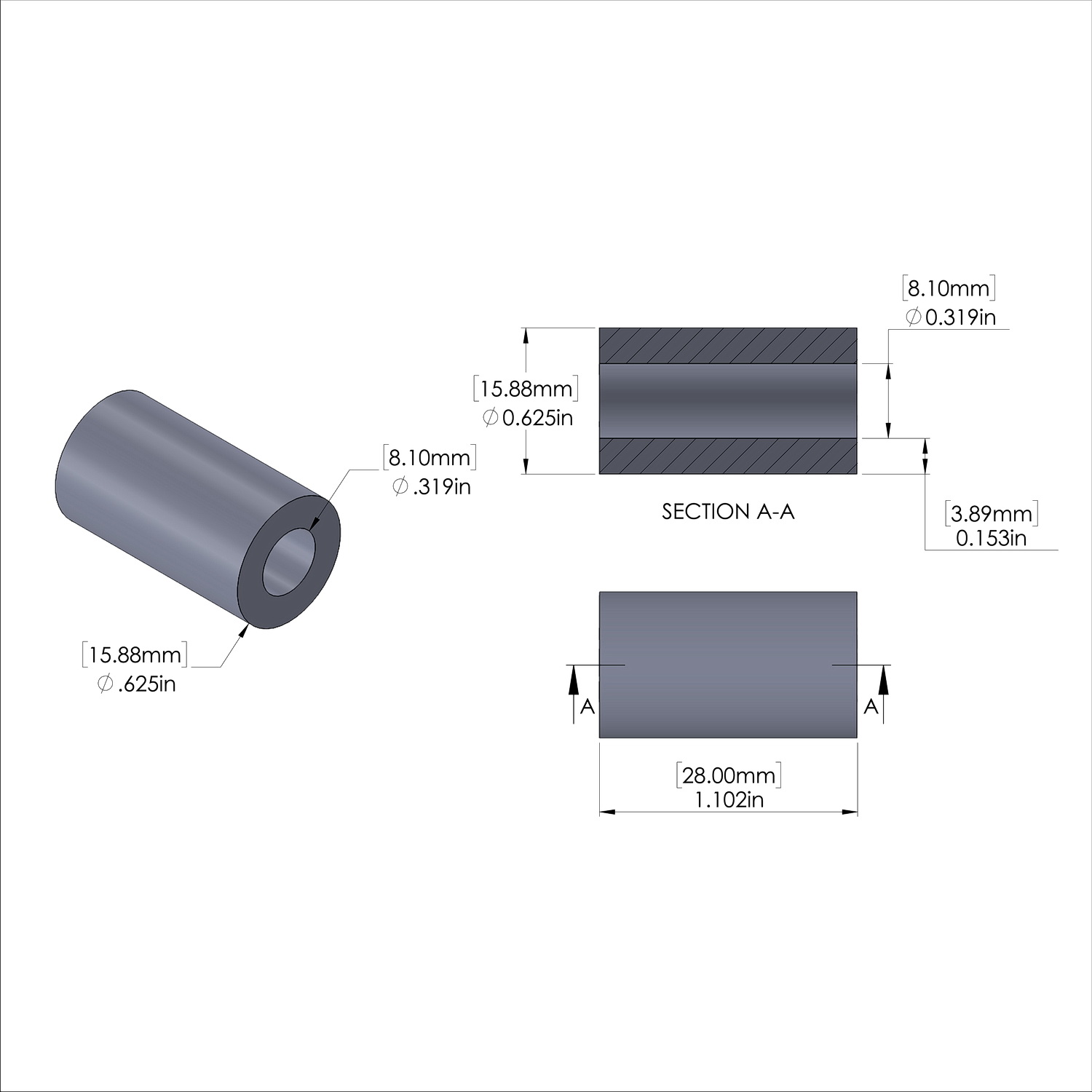 Aluminum Spacer 5/8'' OD x .319'' ID x 28mm Long, Plain Aluminum Finish
