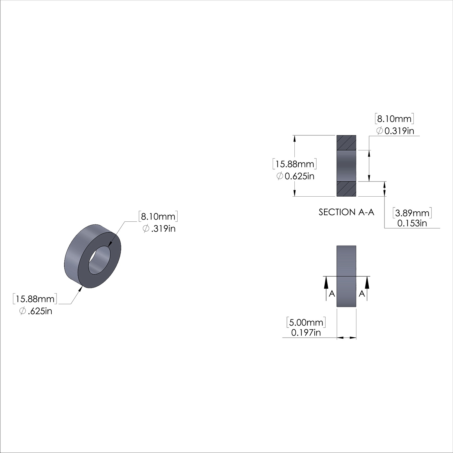 Aluminum Spacer 5/8'' OD x 8.1mm ID x 5mm Long, Plain Aluminum Finish