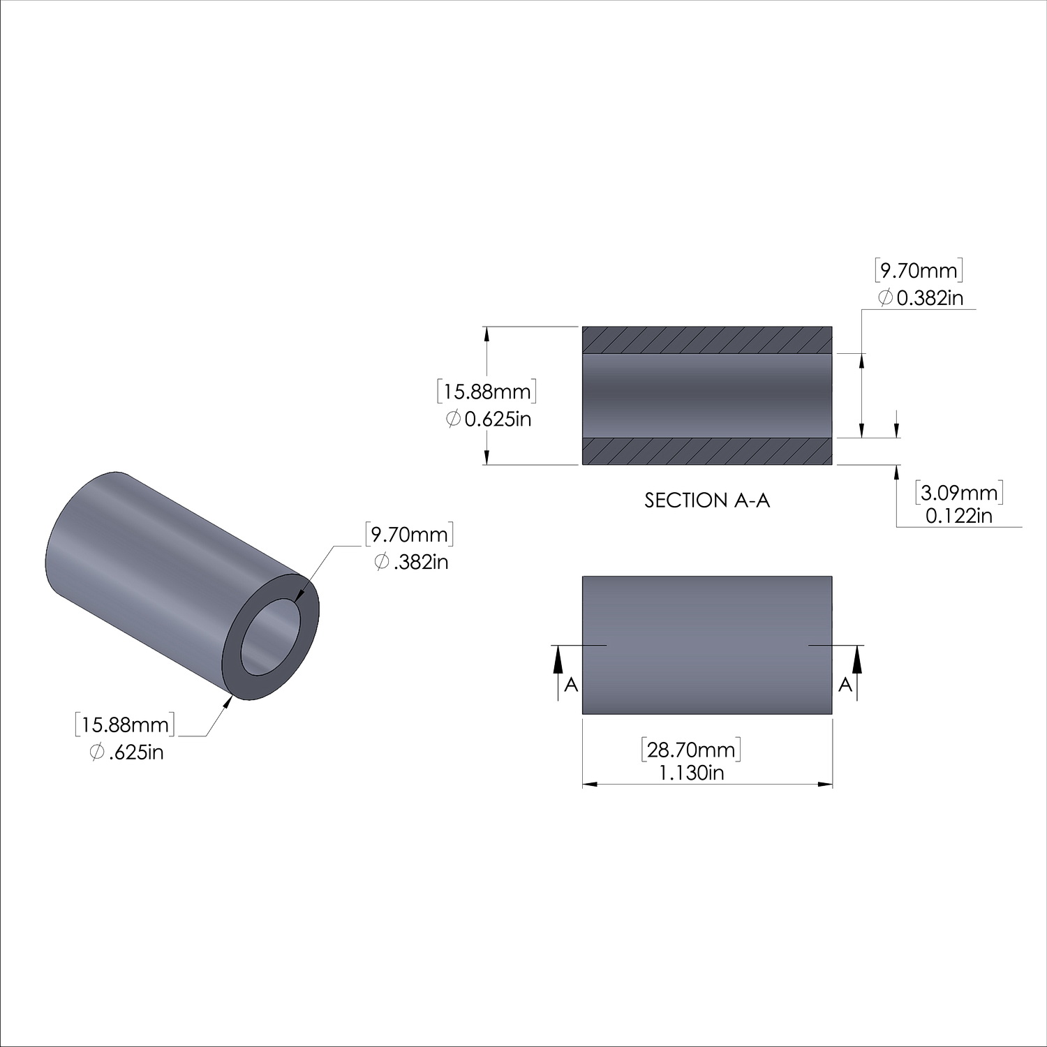 Aluminum Spacer 5/8'' OD x .382'' ID x 1.130'' Long, Plain Aluminum Finish