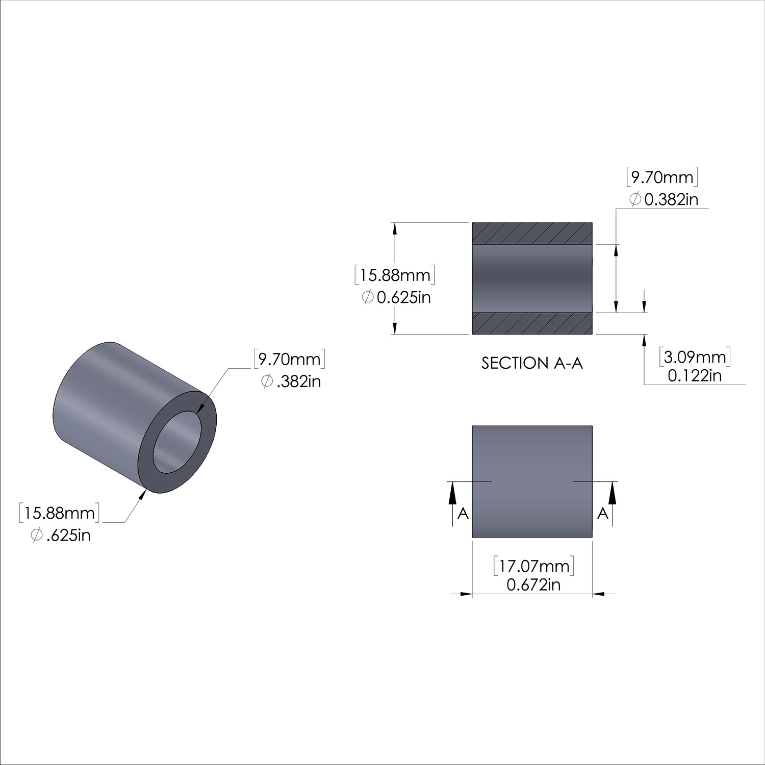 Aluminum Spacer 5/8'' OD x .382'' ID x 43/64'' Long, Plain Aluminum Finish