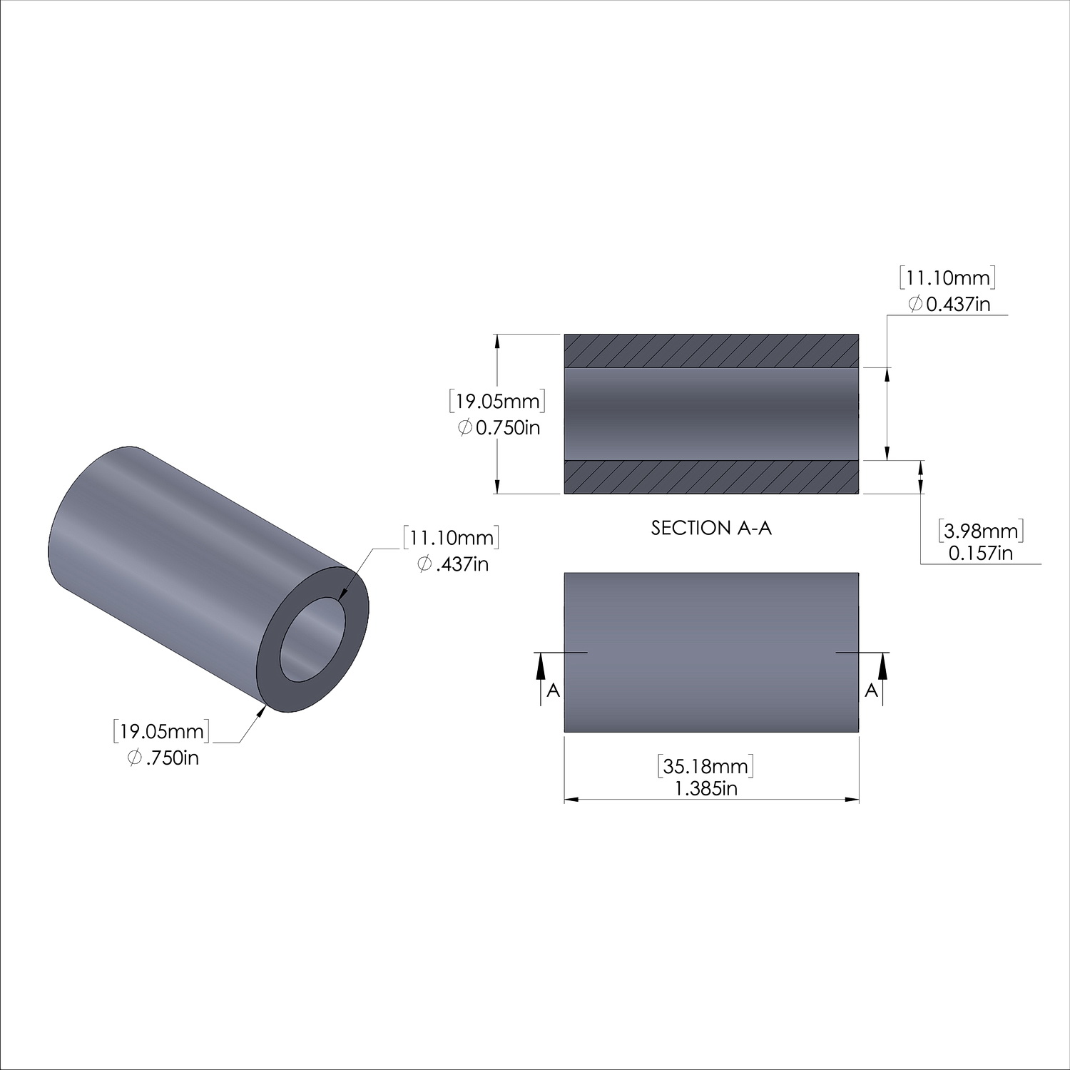 Aluminum Spacer 3/4'' OD x .437'' ID x 1.385'' Long, Plain Aluminum Finish