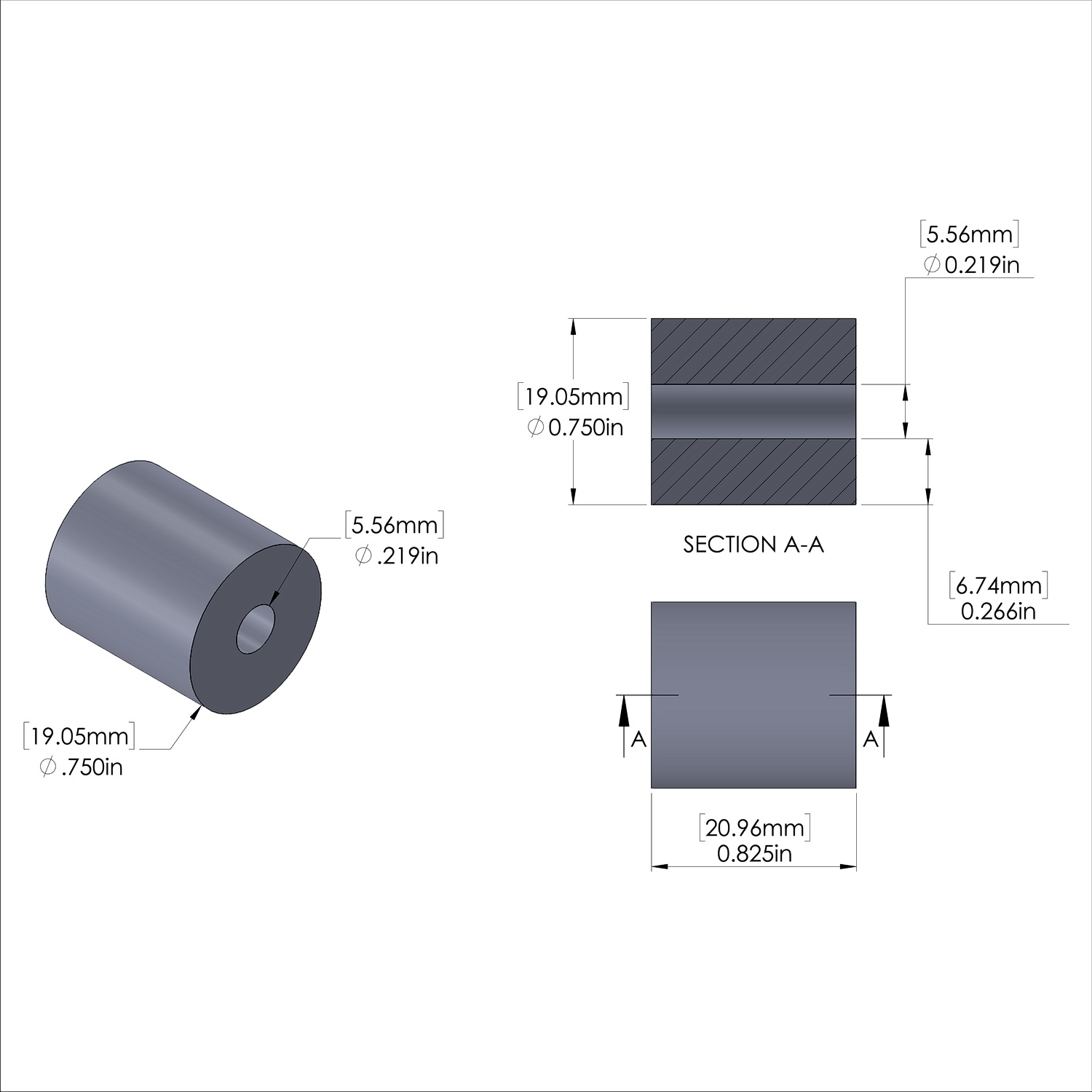 Aluminum Spacer 3/4'' OD x .219'' ID x .825'' Long, Plain Aluminum Finish