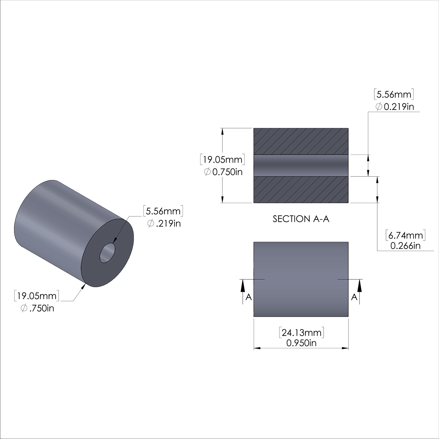 Aluminum Spacer 3/4'' OD x .219'' ID x .950'' Long, Plain Aluminum Finish