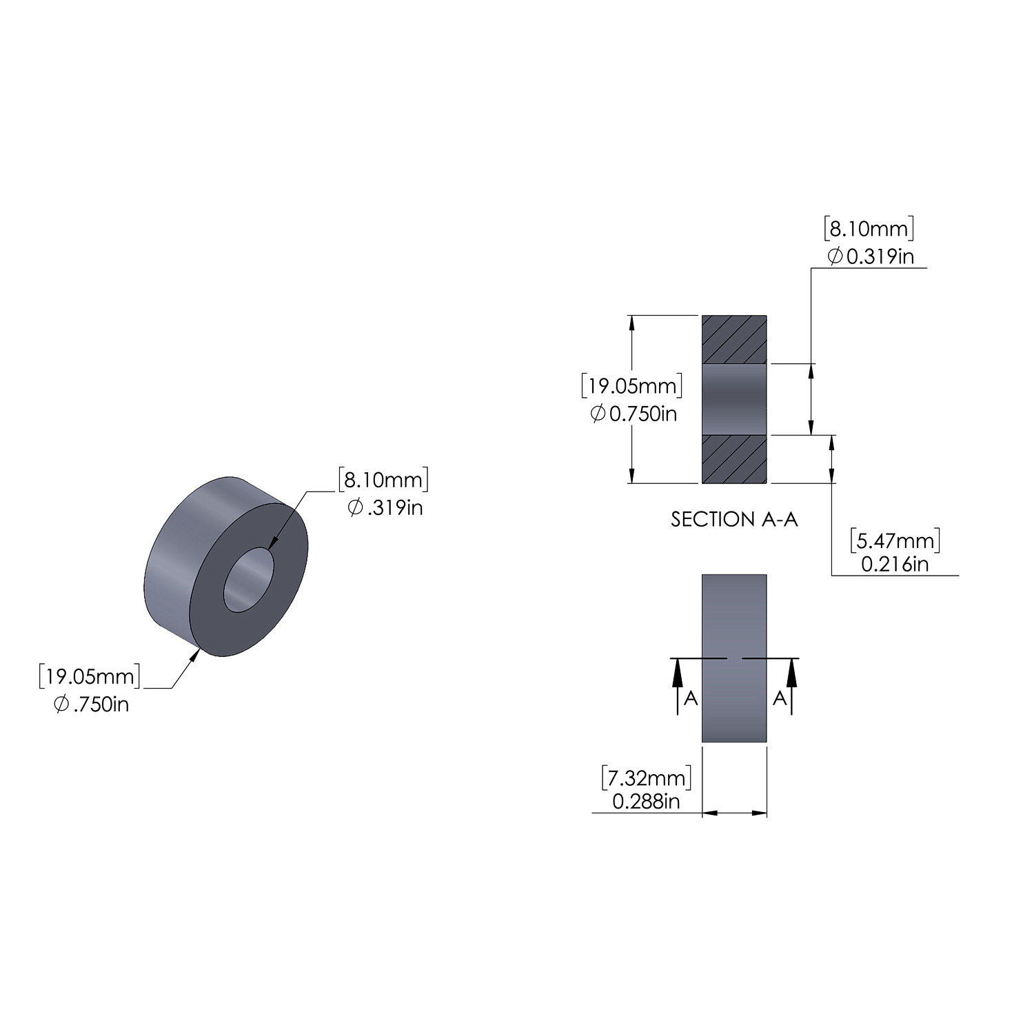 Aluminum Spacer 3/4'' OD x .319'' ID x .288'' Long, Plain Aluminum Finish