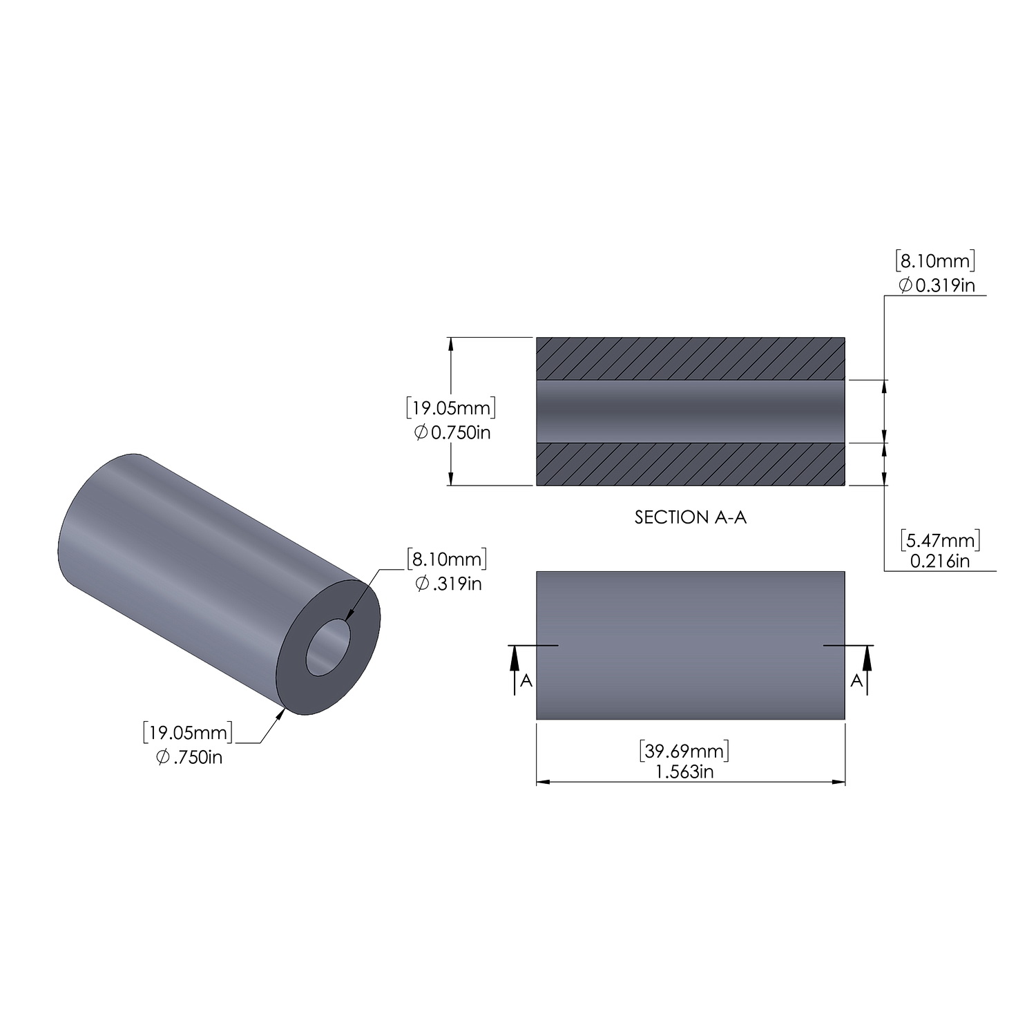 Aluminum Spacer 3/4'' OD x .319'' ID x 1-9/16'' Long, Plain Aluminum Finish