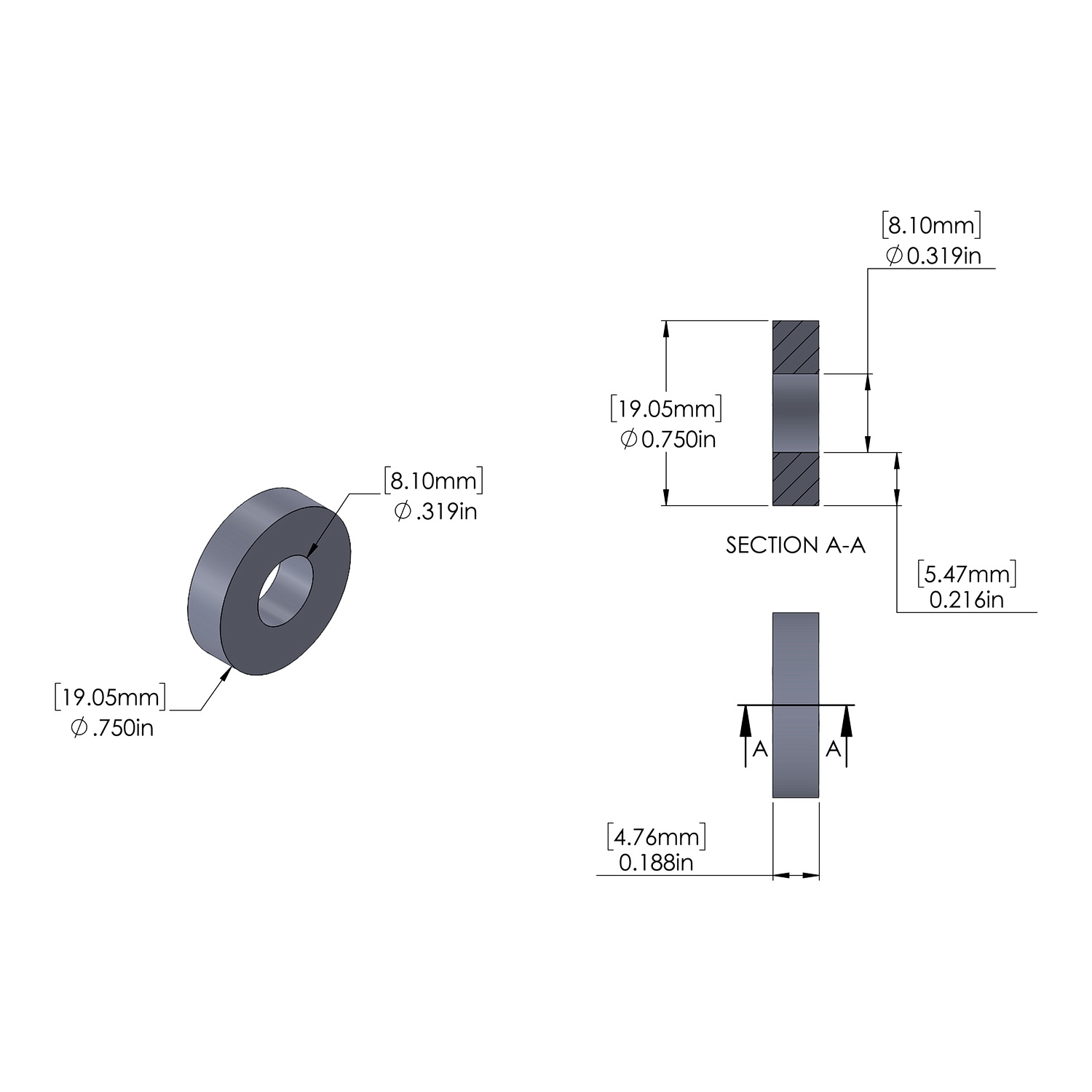 Aluminum Spacer 3/4'' OD x .319'' ID x 3/16'' Long Black Anodized MBS Standoffs