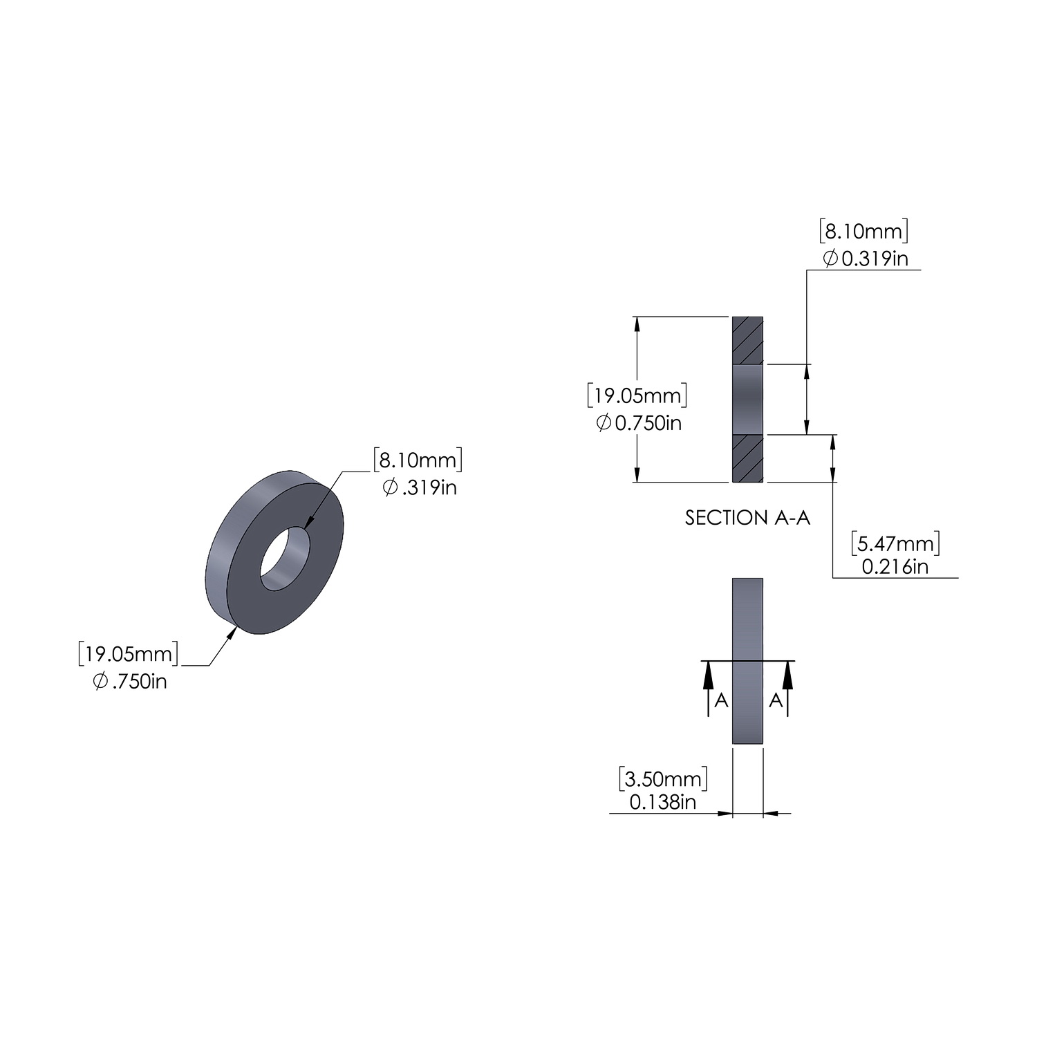Aluminum Spacer 3/4'' OD x .319'' ID x 3.5mm Long, Plain Aluminum Finish