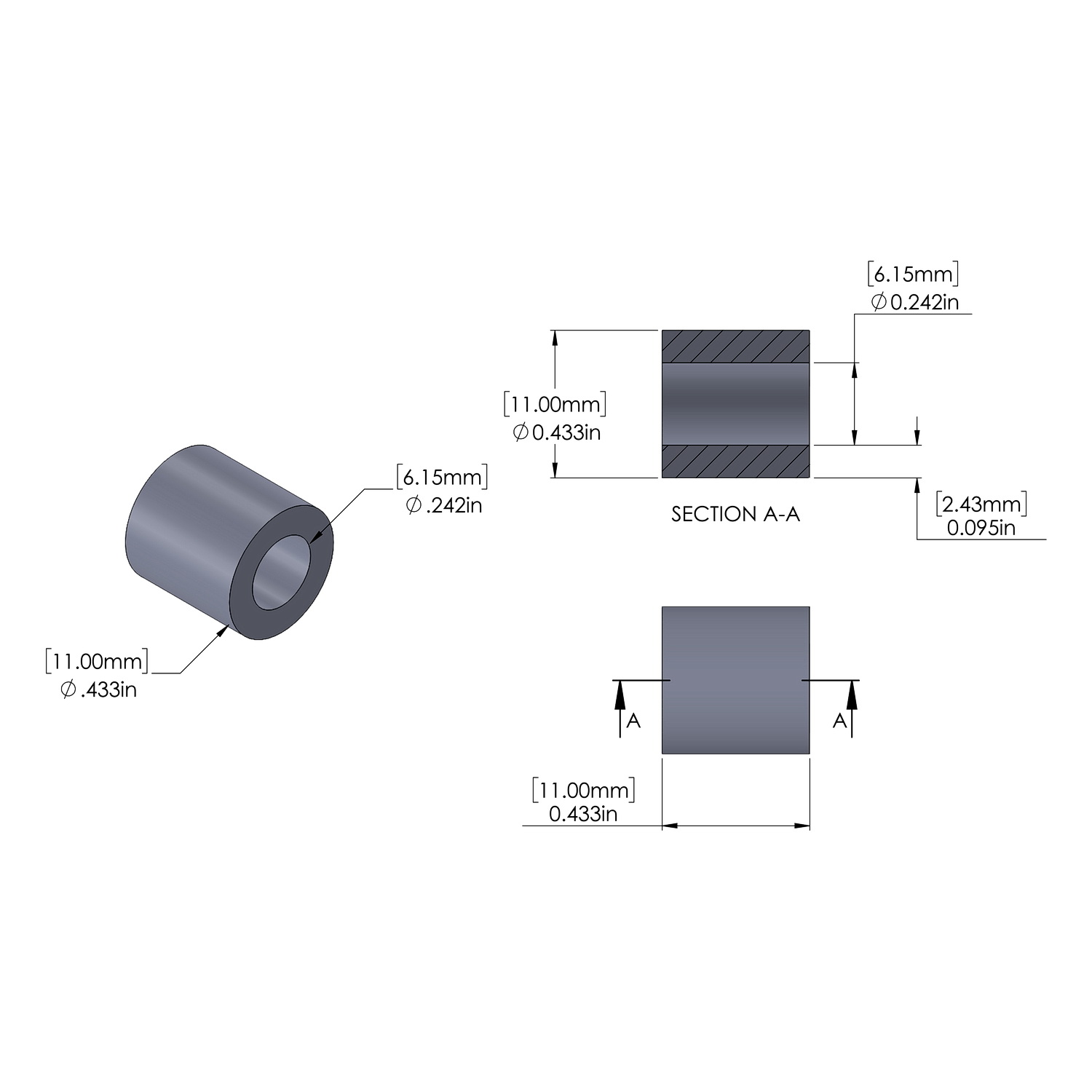 Aluminum Spacer 11mm OD x 6.15mm ID x 11mm Long, Plain Aluminum Finish