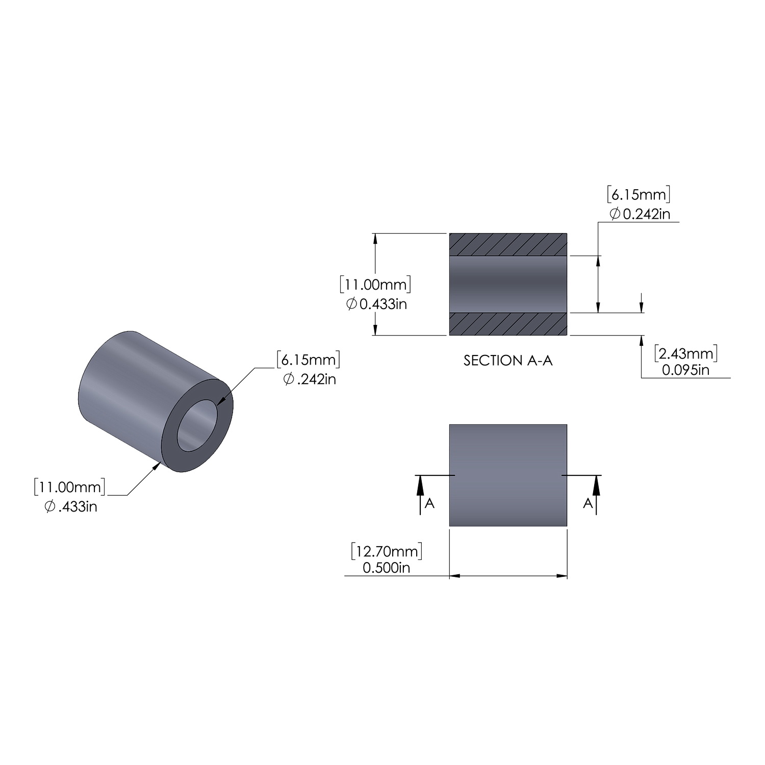 Aluminum Spacer 11mm OD x 6.15mm ID x 12.7mm Long, Plain Aluminum Finish