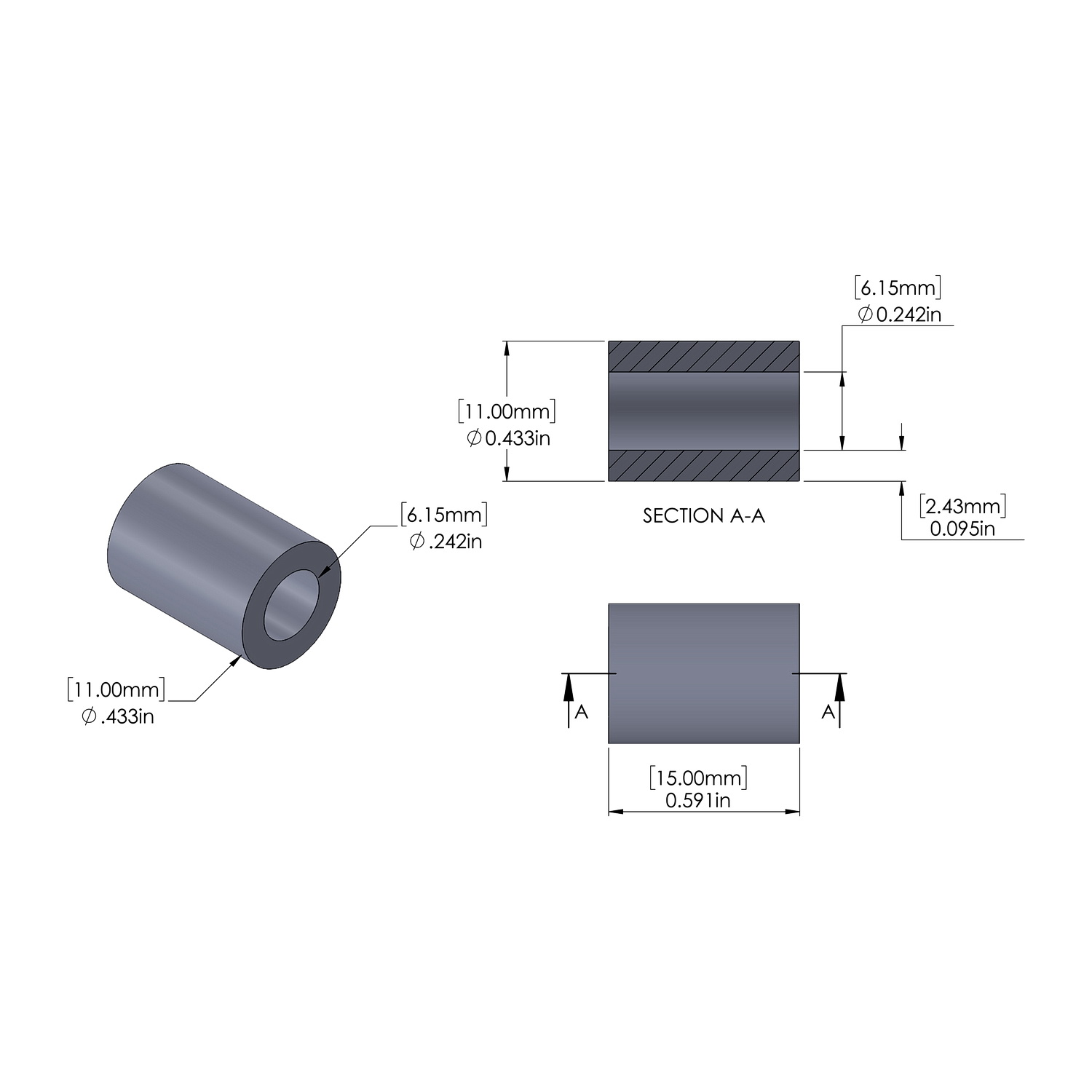 Aluminum Spacer 11mm OD x 6.15mm ID x 15mm Long, Plain Aluminum Finish