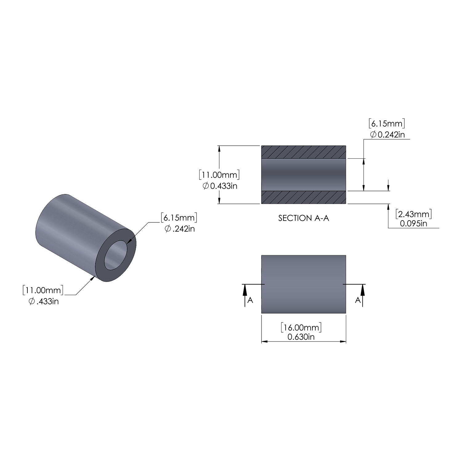 Aluminum Spacer 11mm OD x 6.15mm ID x 16mm Long, Plain Aluminum Finish