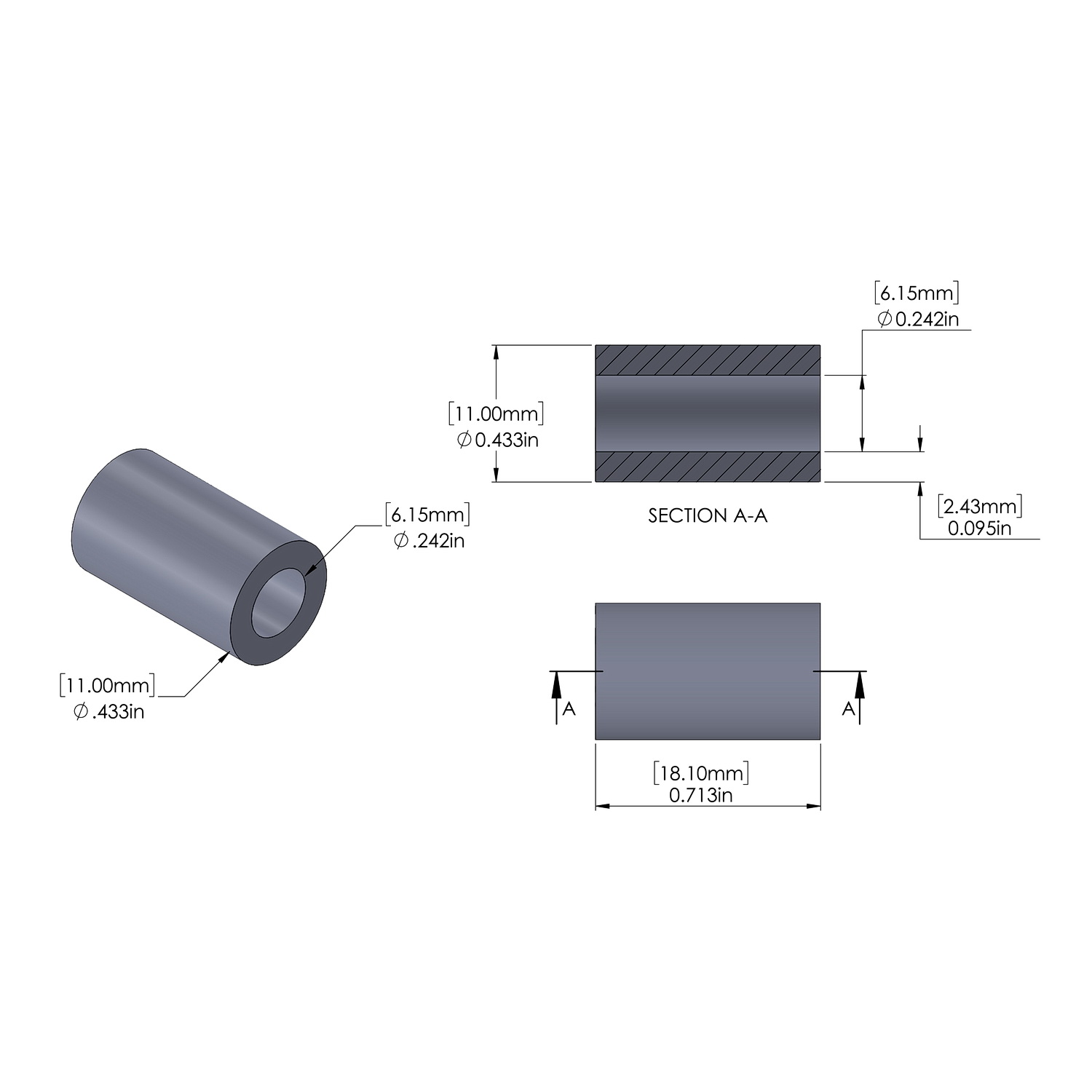 Aluminum Spacer 11.11mm OD x 6.15mm ID x 18.1mm Long, Plain Aluminum Finish