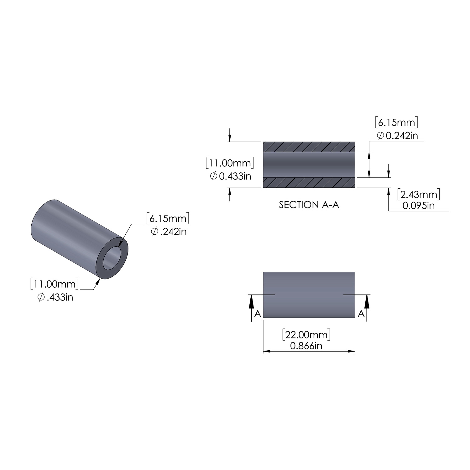 Aluminum Spacer 11.1mm OD x 6.15mm ID x 22mm Long, Plain Aluminum Finish