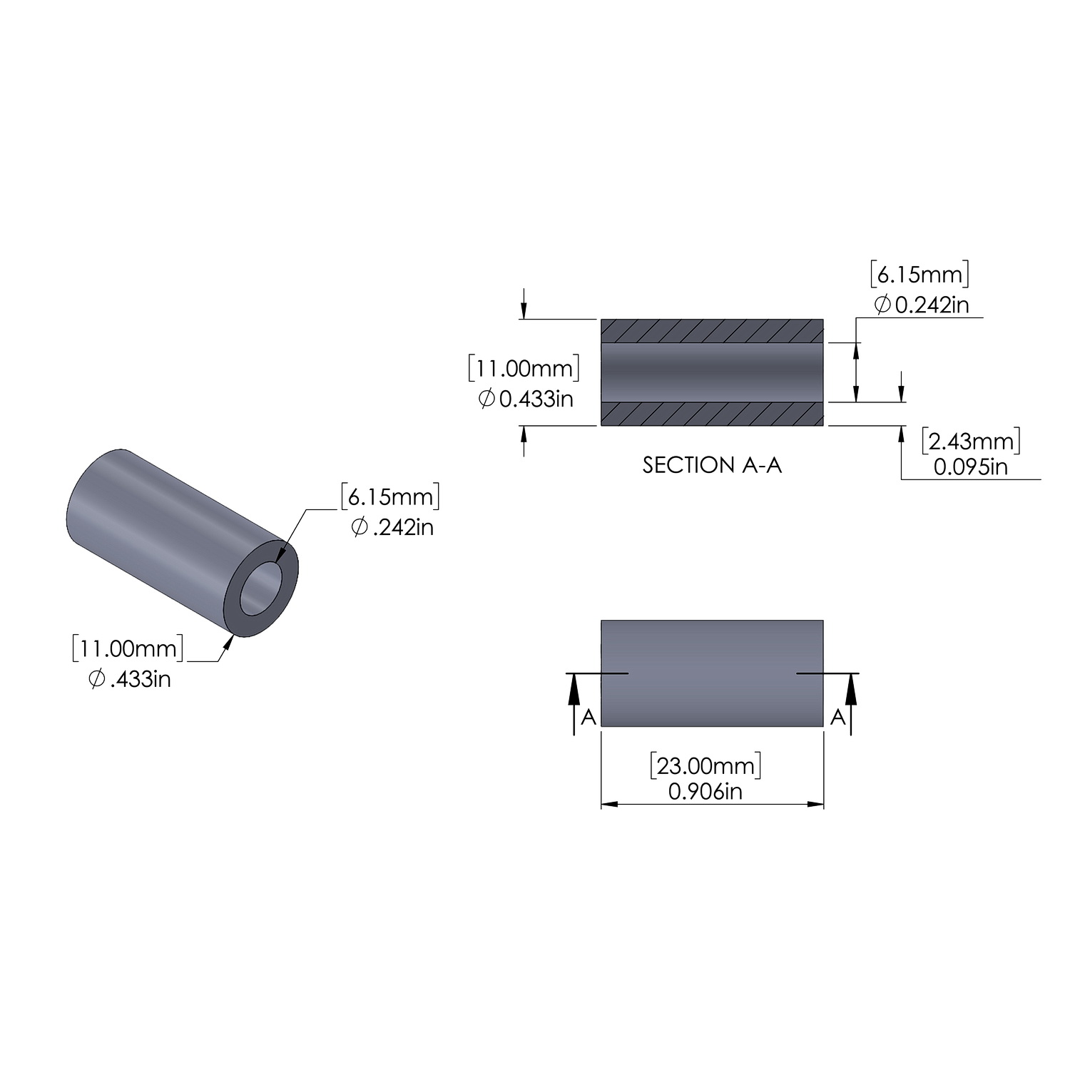 Aluminum Spacer 11.1mm OD x 6.15mm ID x 23mm Long, Plain Aluminum Finish
