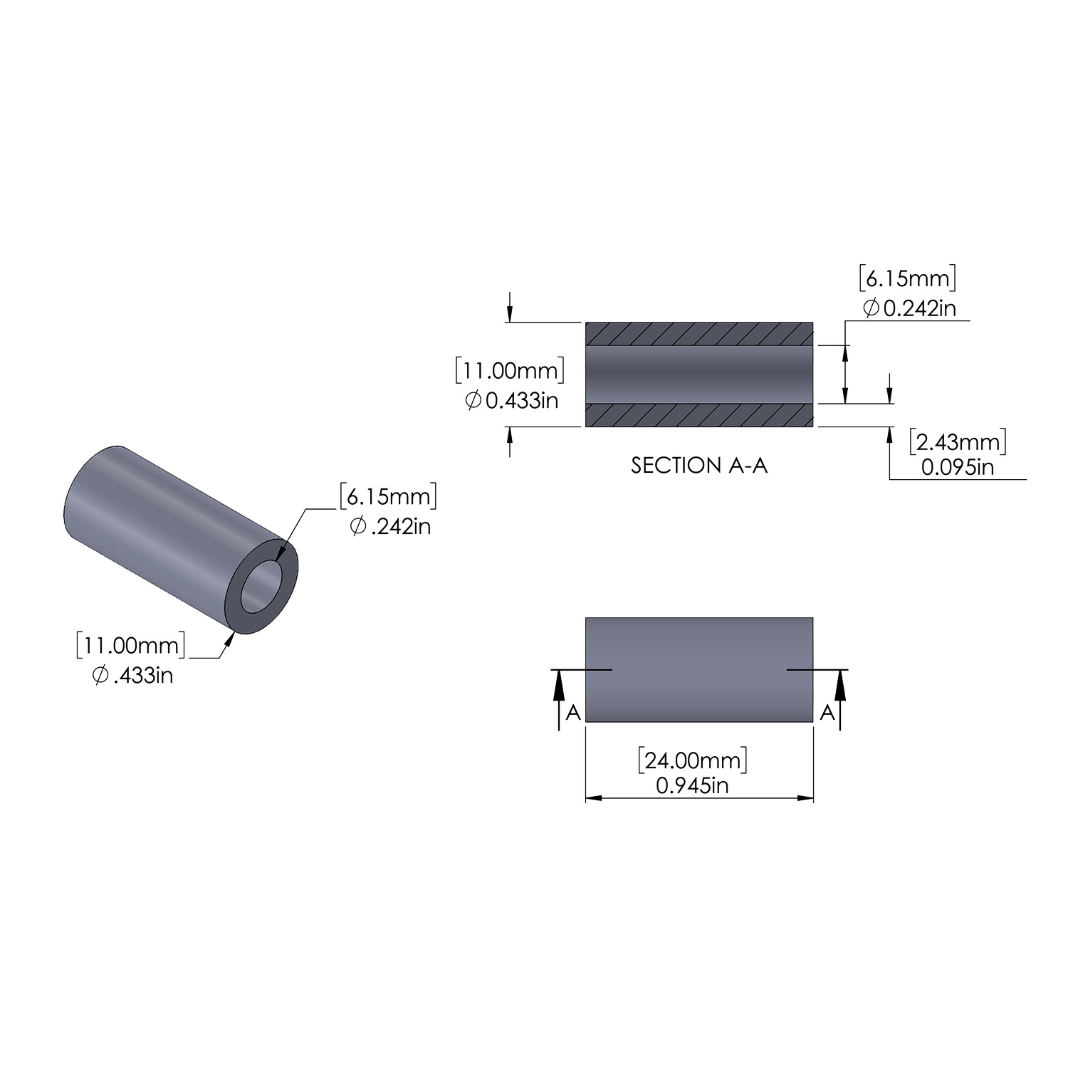 Aluminum Spacer 11.1mm OD x 6.15mm ID x 24mm Long, Plain Aluminum Finish