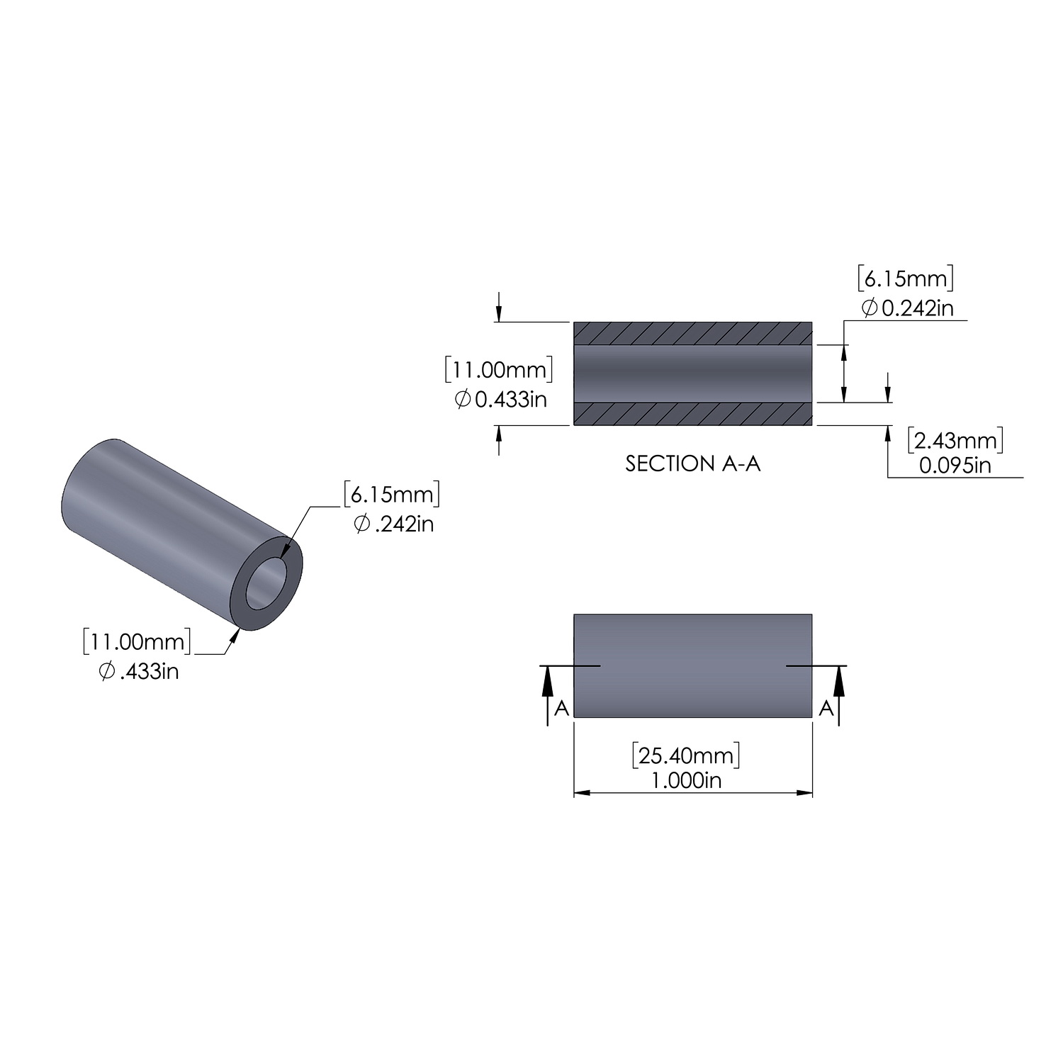 Aluminum Spacer 11.1mm OD x 6.15mm ID x 25.4mm Long, Plain Aluminum Finish