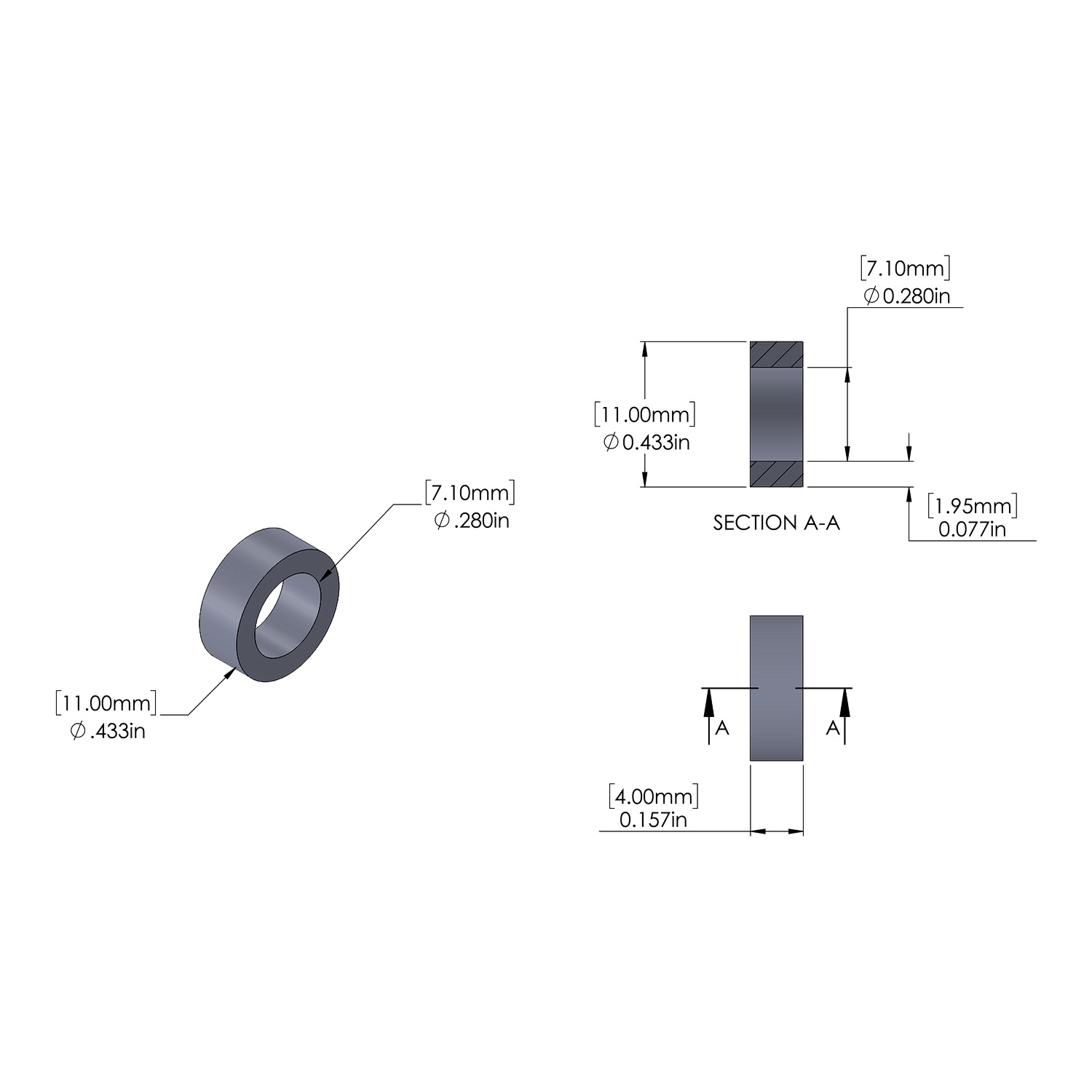 Aluminum Spacer 11MM'' OD x 7.1MM'' ID x 4MM'' Long, Plain Aluminum Finish