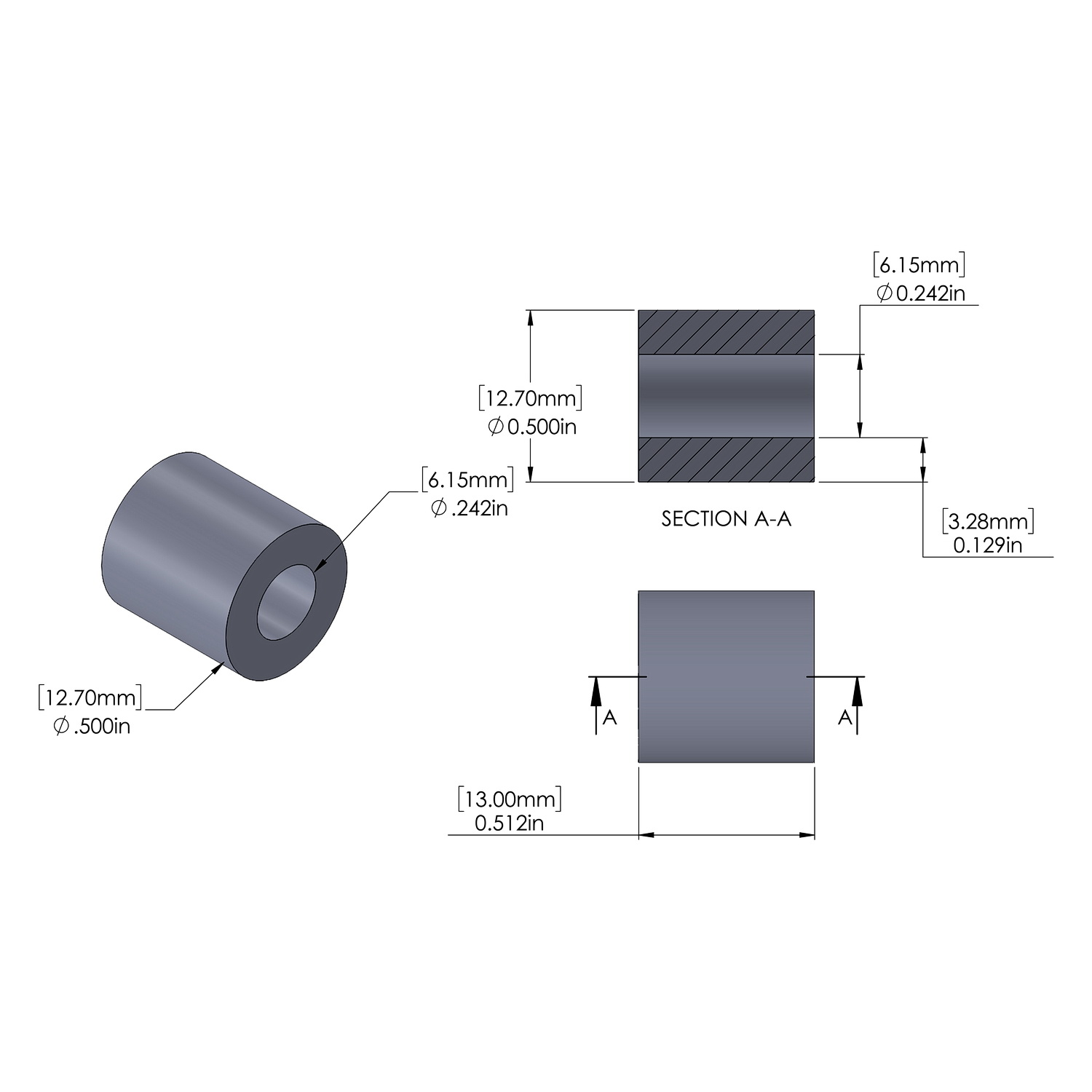 Aluminum Spacer 12.7mm OD x 6.15mm ID x 13mm Long, Plain Aluminum Finish