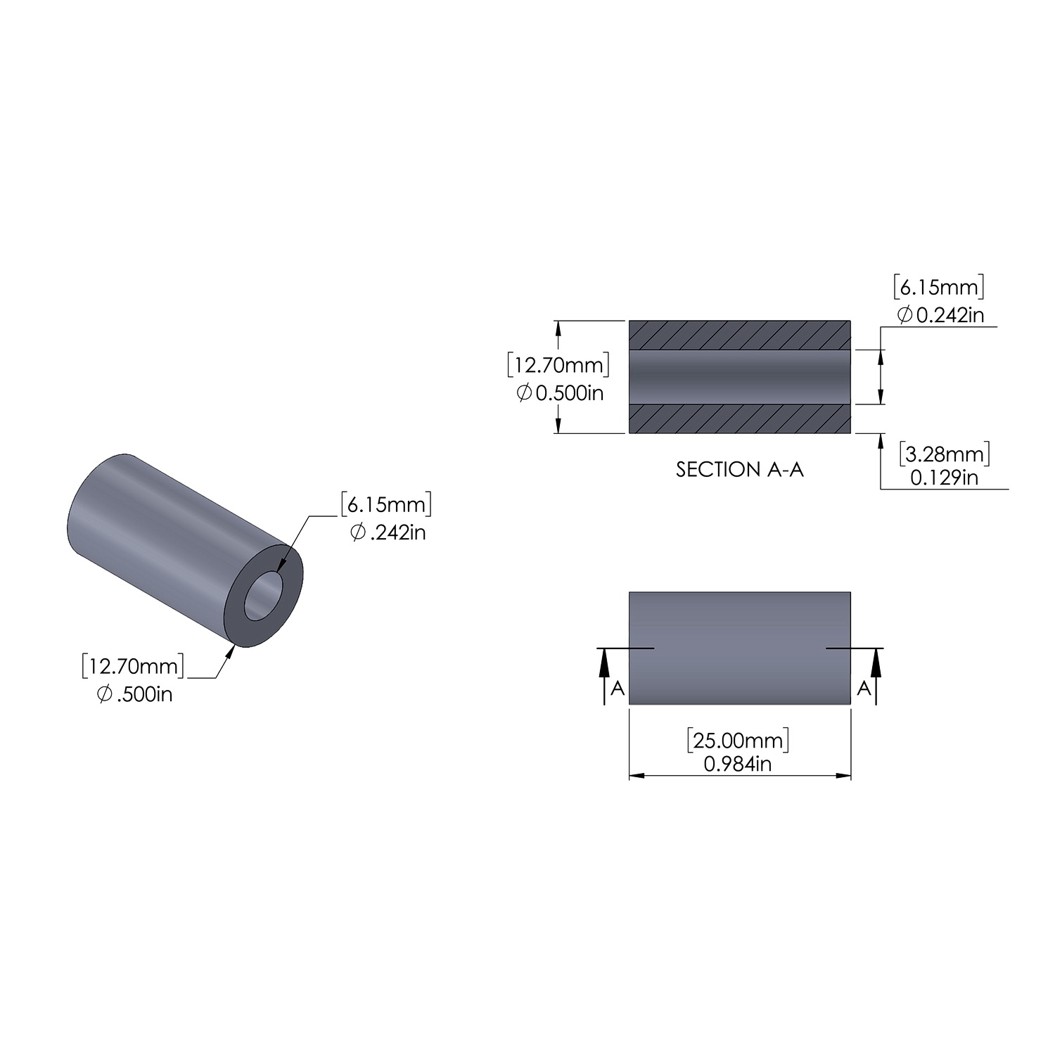 Aluminum Spacer 12.7mm OD x 6.15mm ID x 25mm Long, Plain Aluminum Finish