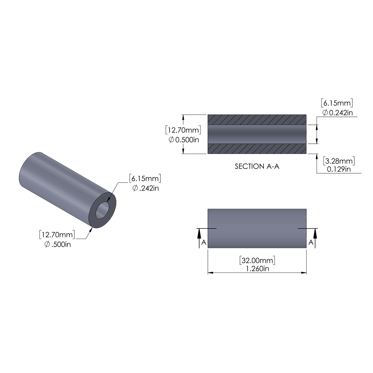 Aluminum Spacer 12.7mm OD x 6.15mm ID x 32mm Long, Plain Aluminum Finish