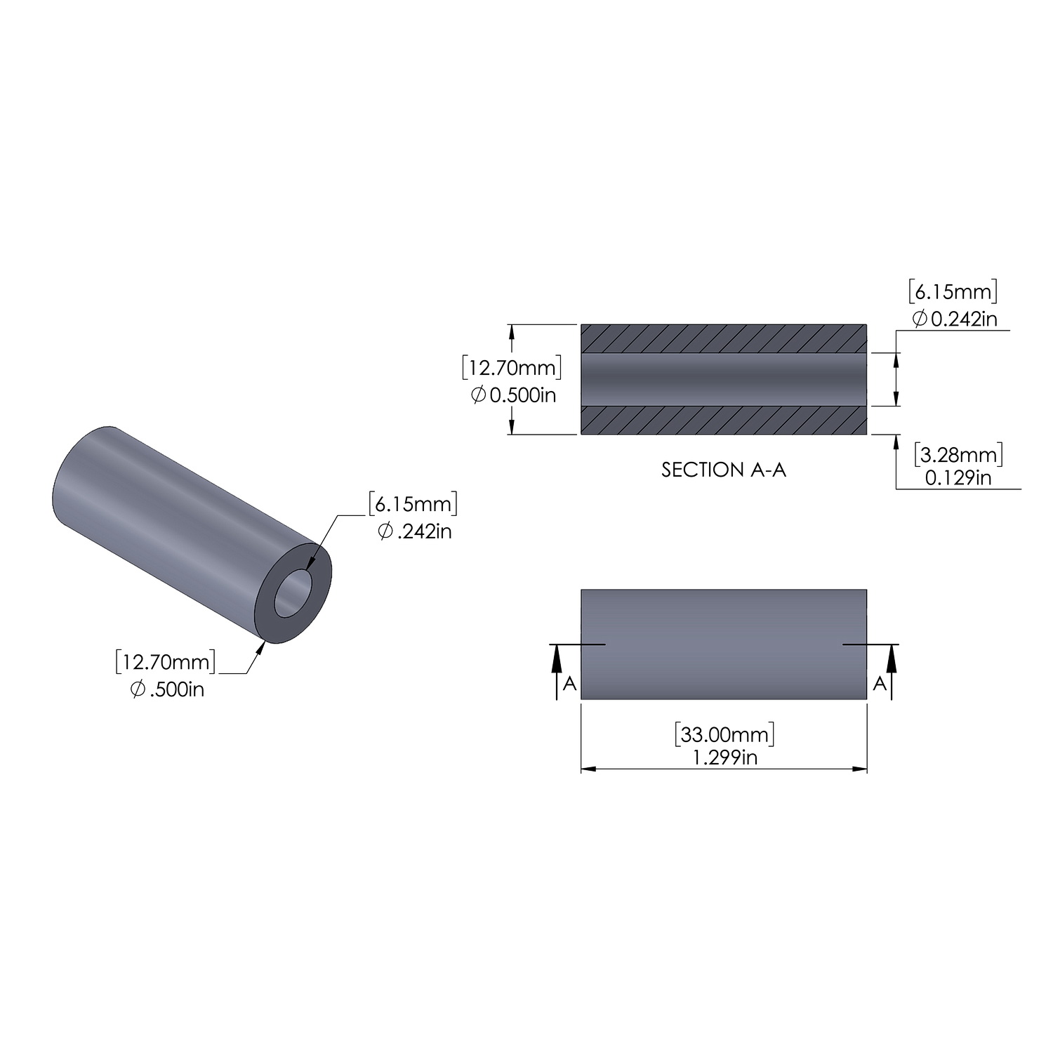 Aluminum Spacer 12.7mm OD x 6.15mm ID x 33mm Long, Plain Aluminum Finish