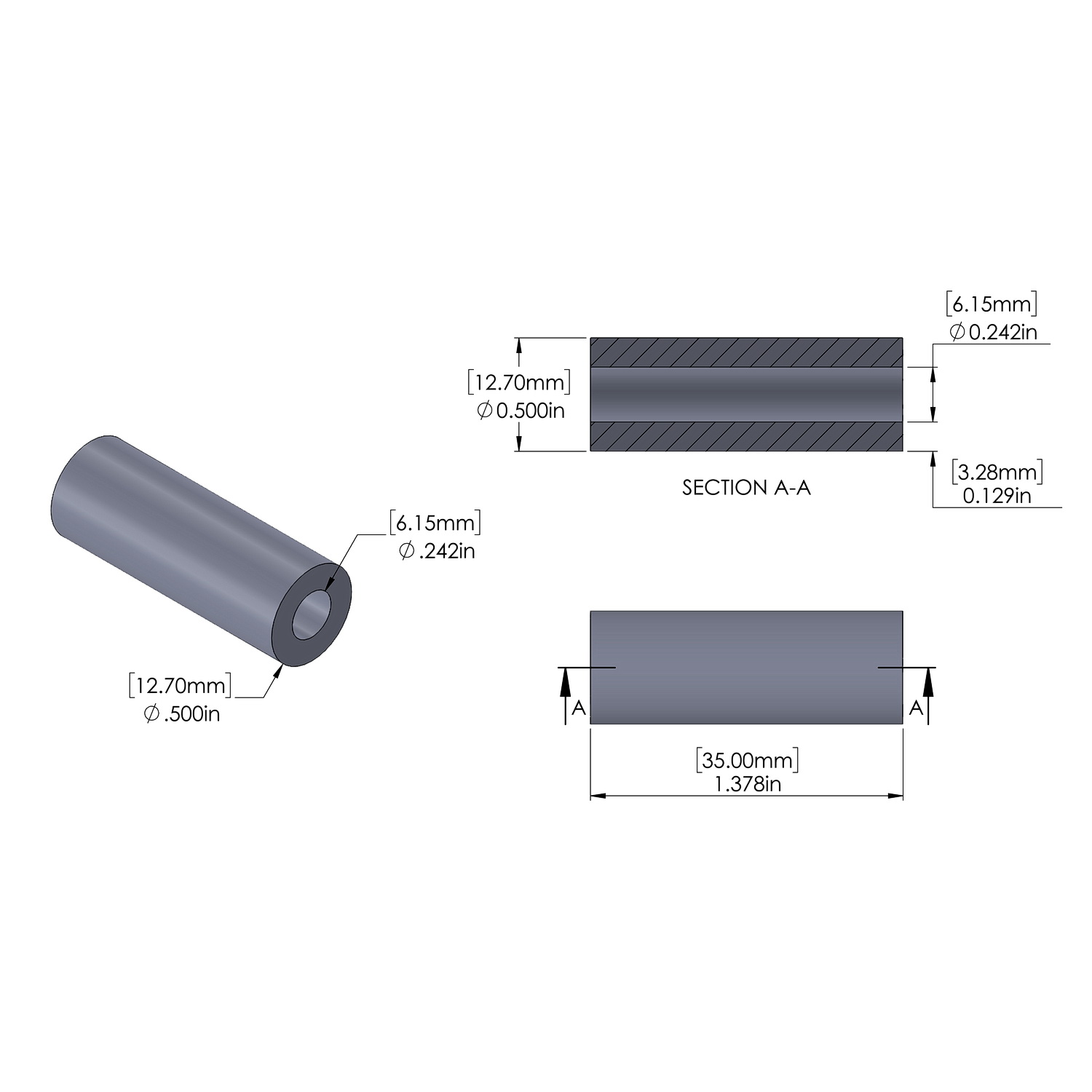 Aluminum Spacer 12.7mm OD x 6.15mm ID x 35mm Long, Plain Aluminum Finish