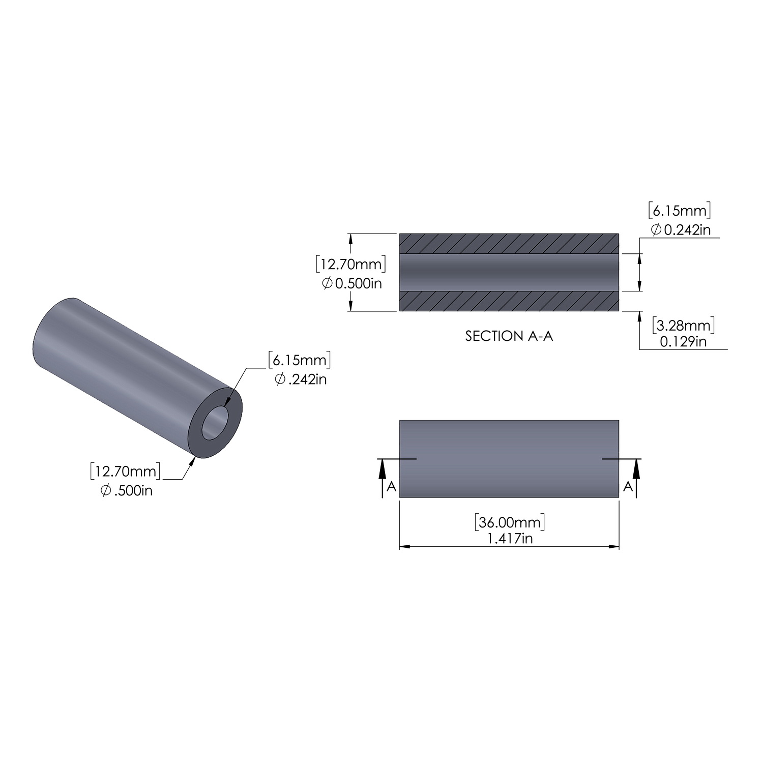 Aluminum Spacer 12.7mm OD x 6.15mm ID x 36mm Long, Plain Aluminum Finish