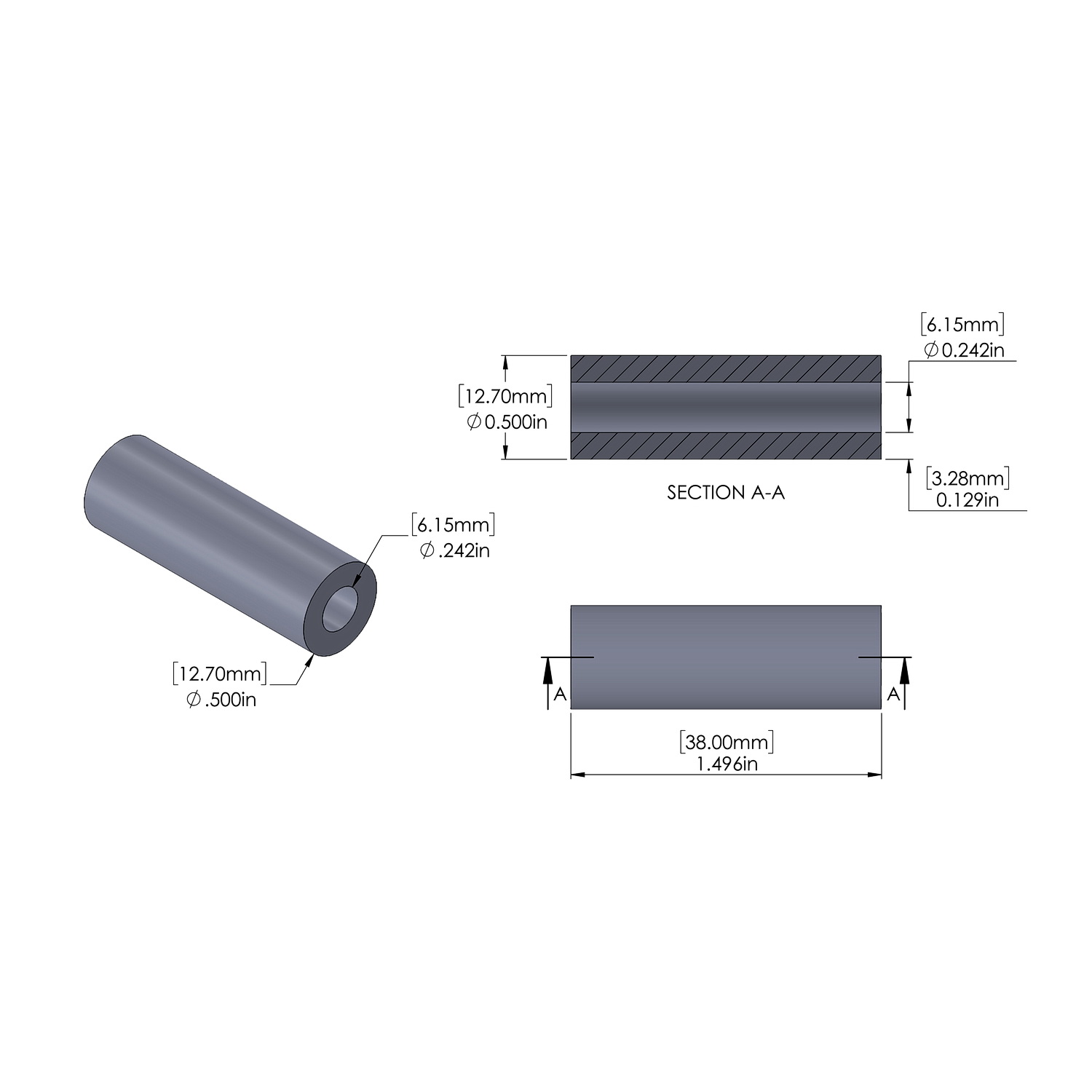 Aluminum Spacer 12.7mm OD x 6.15mm ID x 38mm Long, Plain Aluminum Finish
