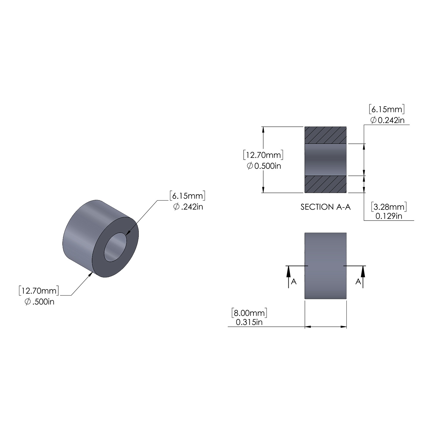 Aluminum Spacer 12.7mm OD x 6.15mm ID x 8mm Long, Plain Aluminum Finish