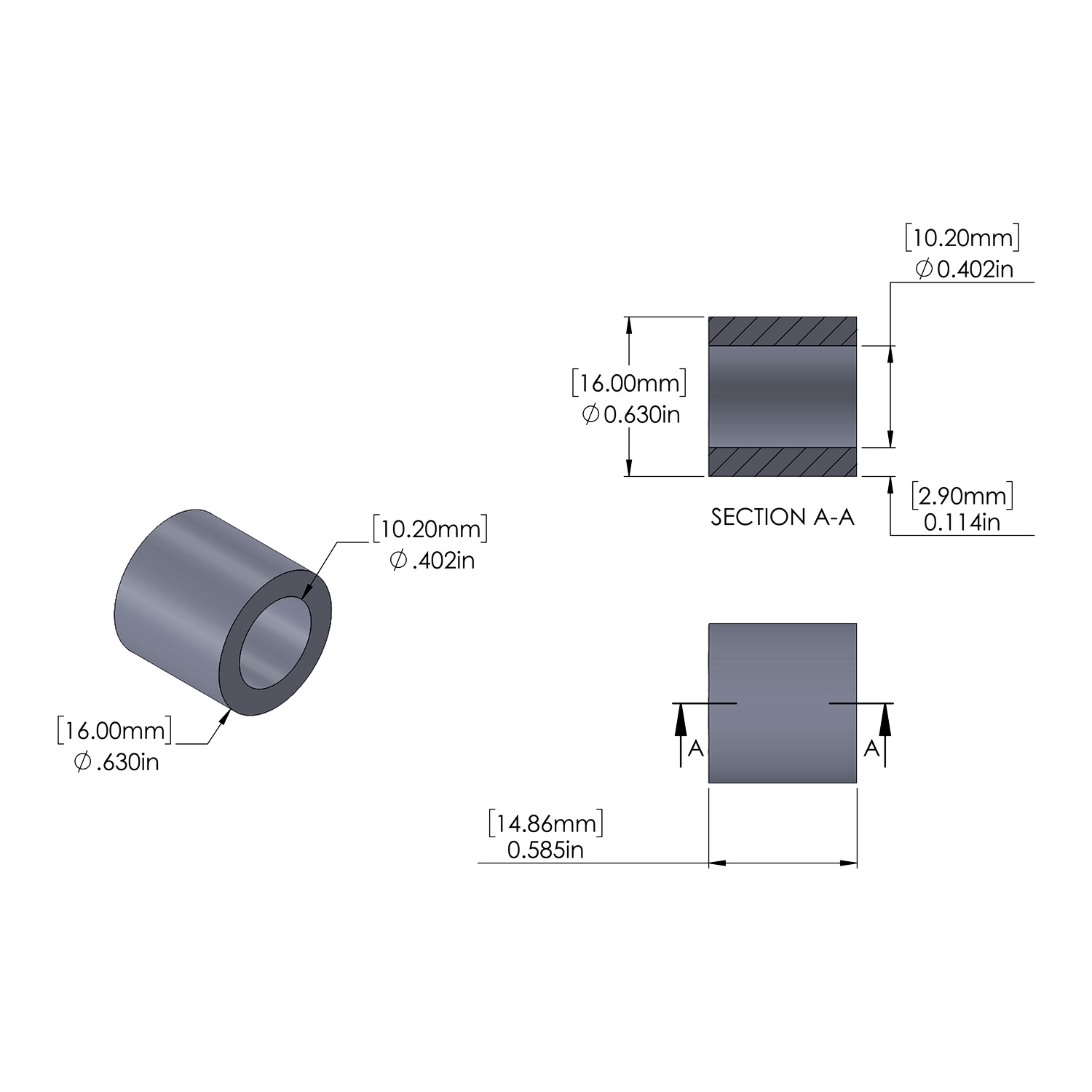 Aluminum Spacer 16mm OD x 10.2mm ID x 14.86mm Long, Plain Aluminum Finish