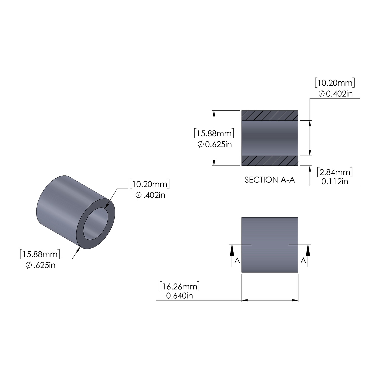 Aluminum Spacer 15.88mm OD x 10.2mm ID x 16.26mm Long, Plain Aluminum Finish