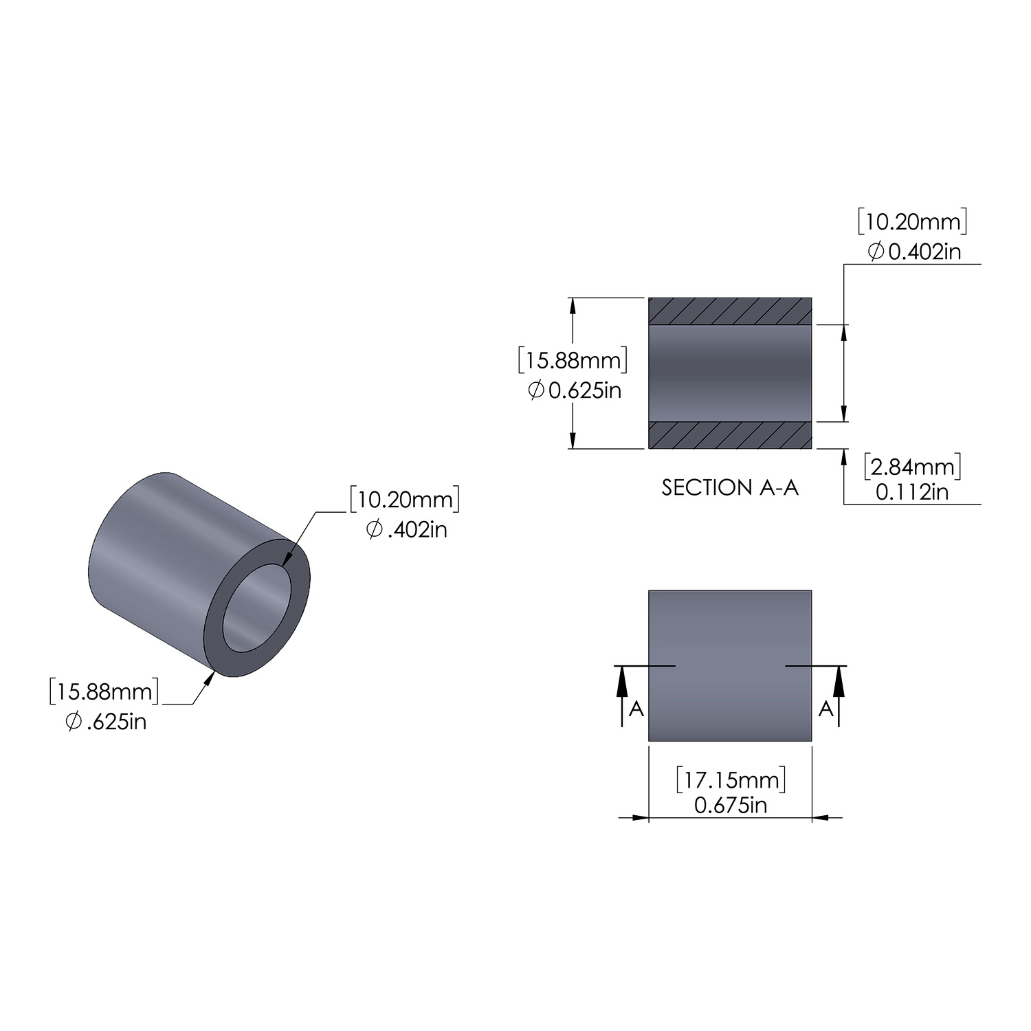 Aluminum Spacer 15.88mm OD x 10.2mm ID x 17.15mm Long, Plain Aluminum Finish