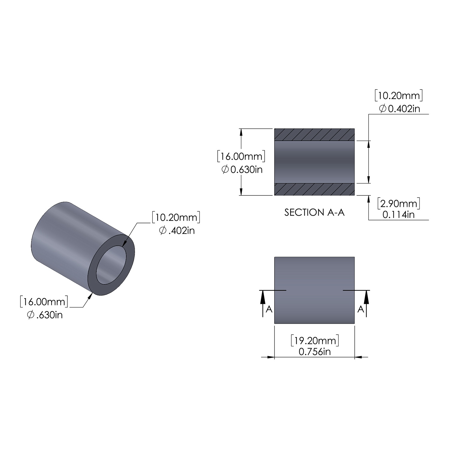 Aluminum Spacer 16mmOD x 10.2mm ID x 19.2mm Long, Plain Aluminum Finish