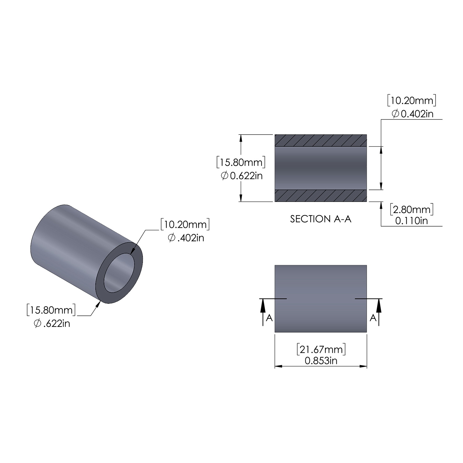 Aluminum Spacer 15.8mm OD x 10.2mm ID x 21.672mm Long, Plain Aluminum Finish