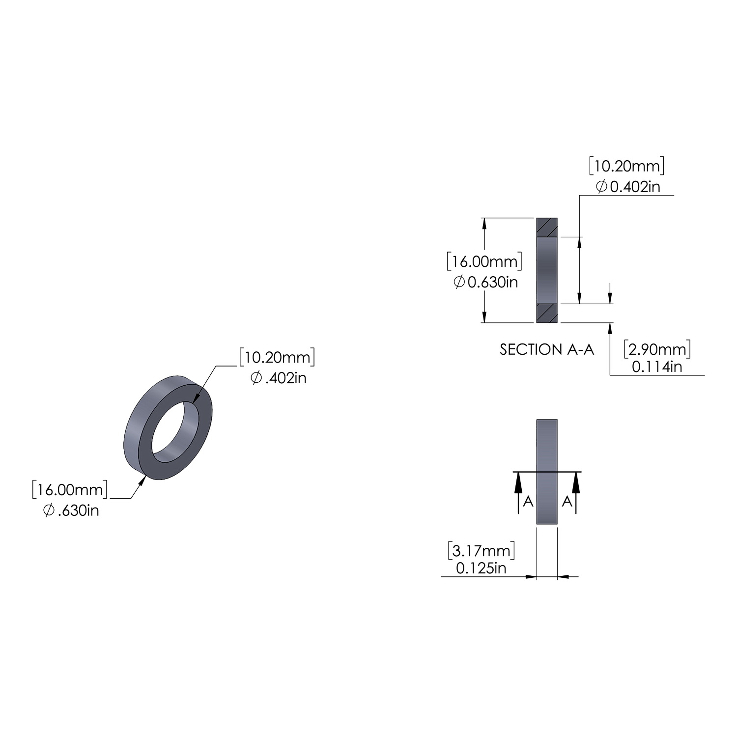 Aluminum Spacer 16mm OD x 10.2mm ID x 3.17mm Long, Plain Aluminum Finish