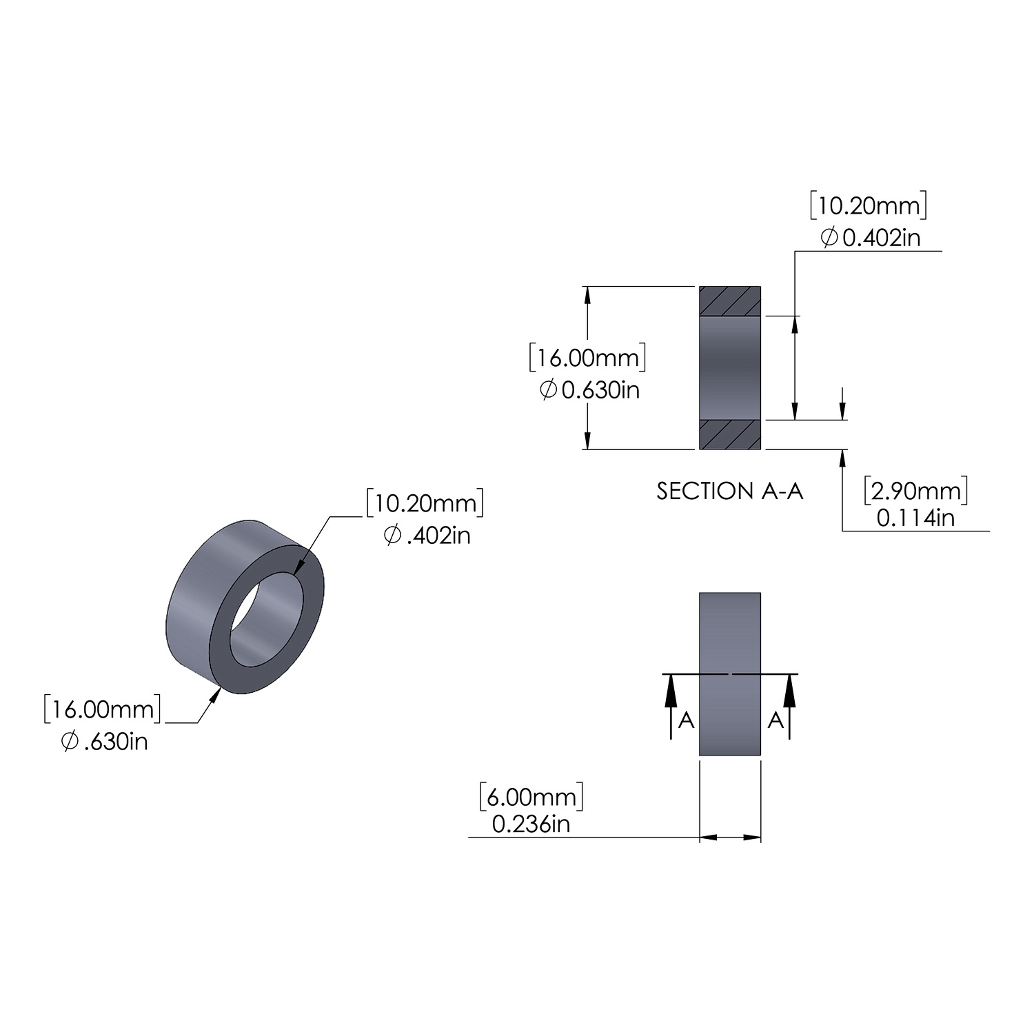Aluminum Spacer 16mm OD x 10.2mm ID x 6mm Long, Plain Aluminum Finish