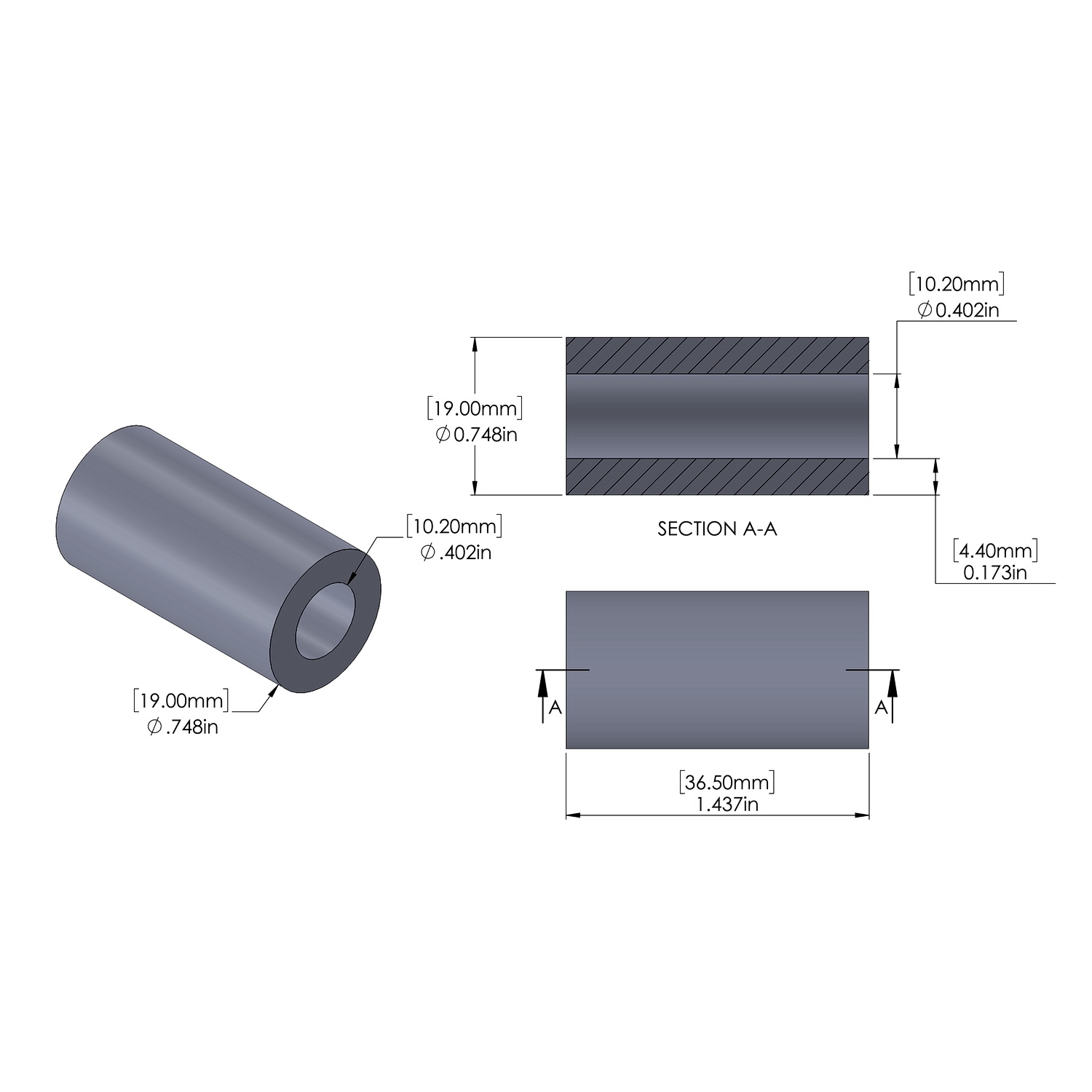 Aluminum Spacer 19mm OD x 10.2mm ID x 36.5mm Long, Plain Aluminum Finish