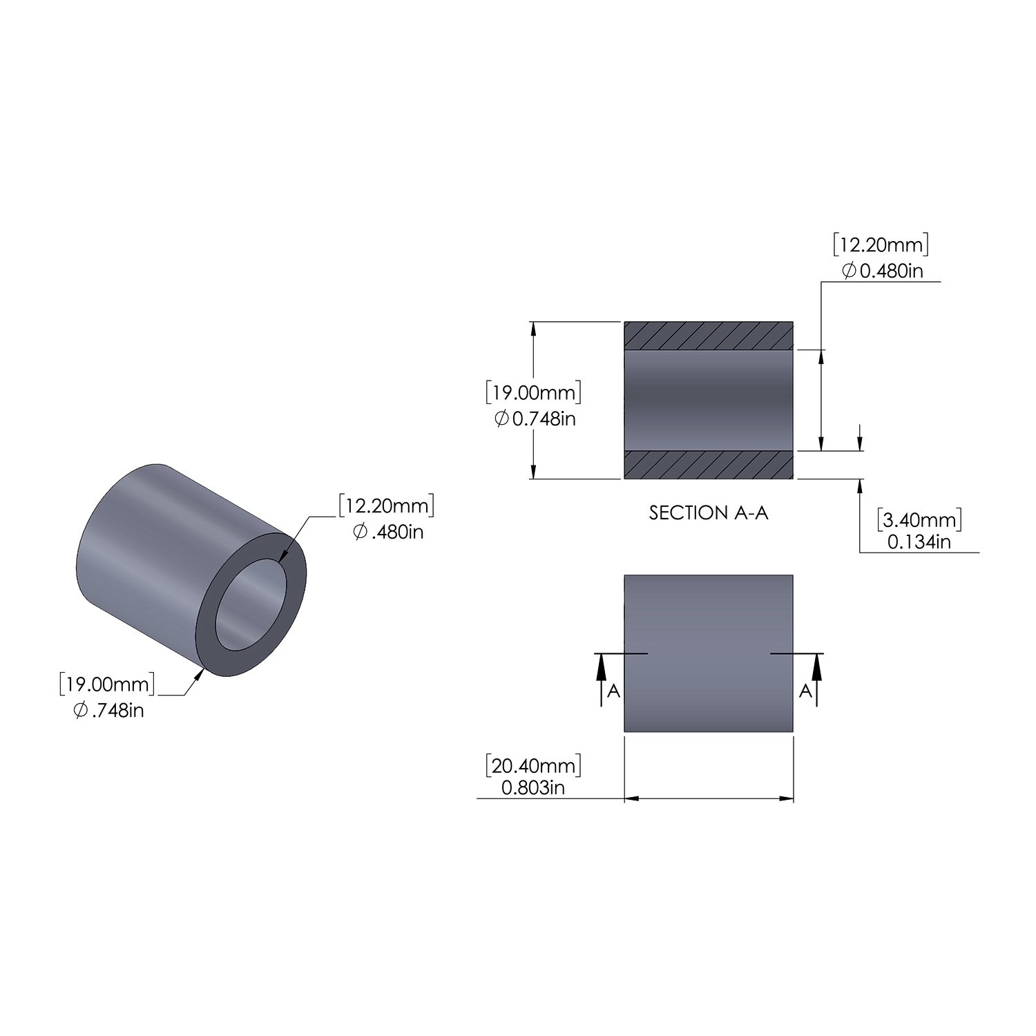 Aluminum Spacer 19mm OD x 12.2mm ID x 20.4mm Long, Plain Aluminum Finish