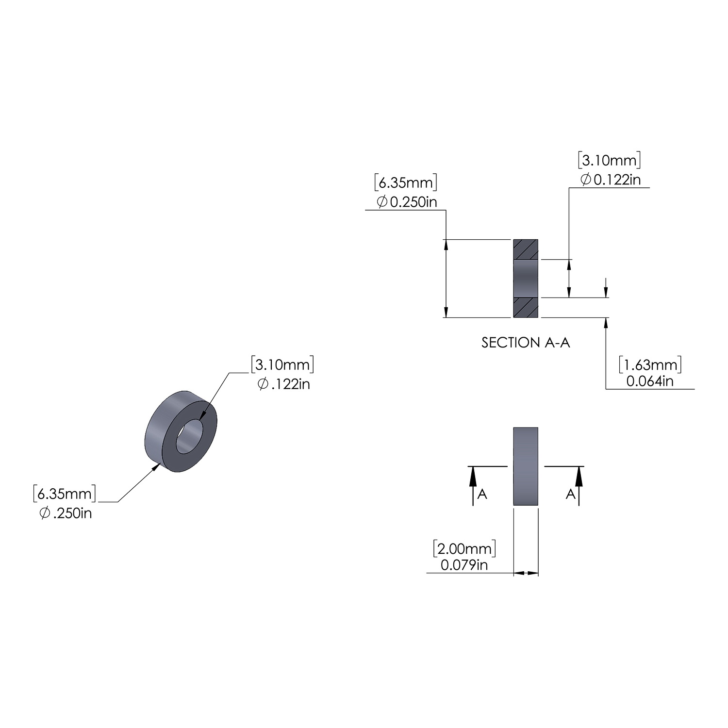 Aluminum Spacer 6.35mm OD x 3.1mm ID x 2mm Long, Plain Aluminum Finish
