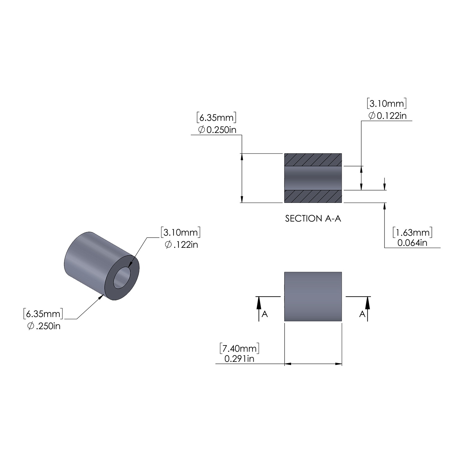Aluminum Spacer 6.35mm OD x 3.1mm ID x 7.4mm Long, Plain Aluminum Finish