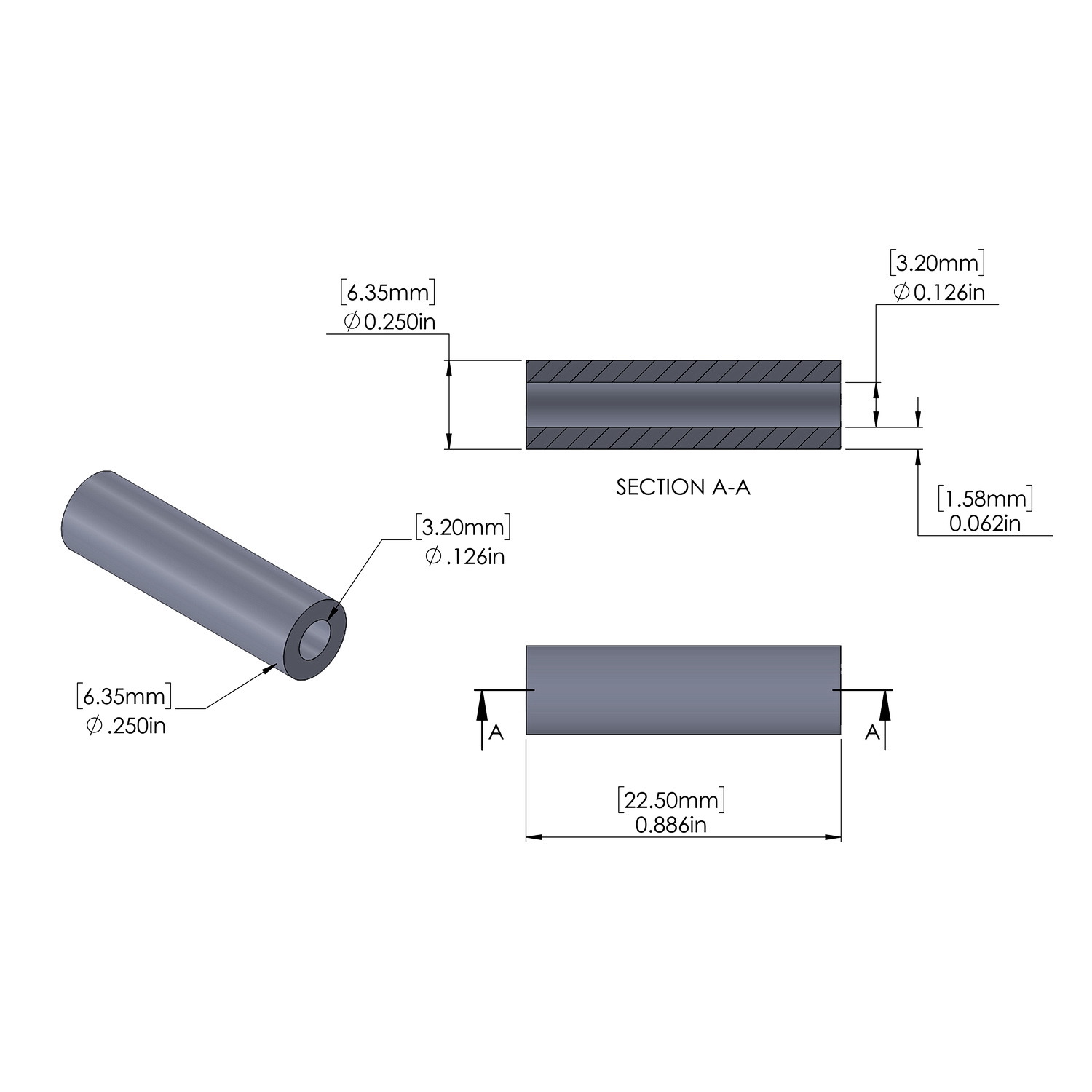Aluminum Spacer 6.35mm OD x 3.2mm ID x 22.5mm Long, Plain Aluminum Finish