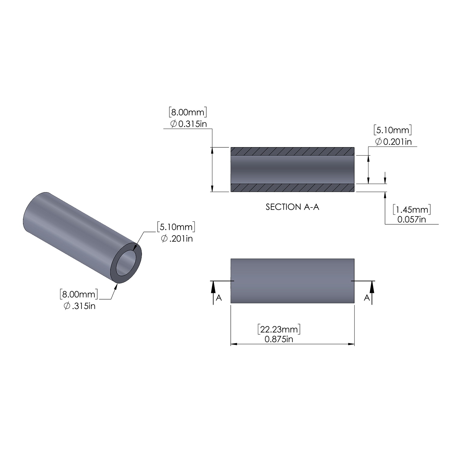 Aluminum Spacer 8mm OD x 5.1mm ID x 22.23mm Long, Plain Aluminum Finish